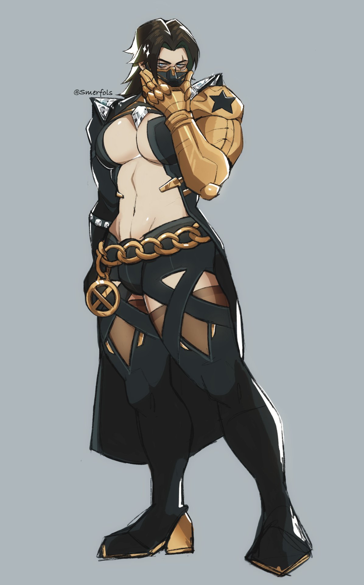 1boy, ambush (trap), amputee, big pecs, black coat, black pants, breasts, brown hair, bucky barnes, bulge, crossdressing, emma frost, emma frost (cosplay), emma frost (marvel rivals), emma frost (x-revolution), female, femboy, femboy dilf, full body, inner sideboob, male, male breasts, male cleavage, male with breasts, marvel, marvel comics, marvel rivals, masculine crossdresser, mask, masked male, mechanical arm, medium hair, mouth mask, prosthetic arm, revealing clothes, simple background, smerfols, solo, standing, underboob, winter soldier, winter soldier (marvel rivals)