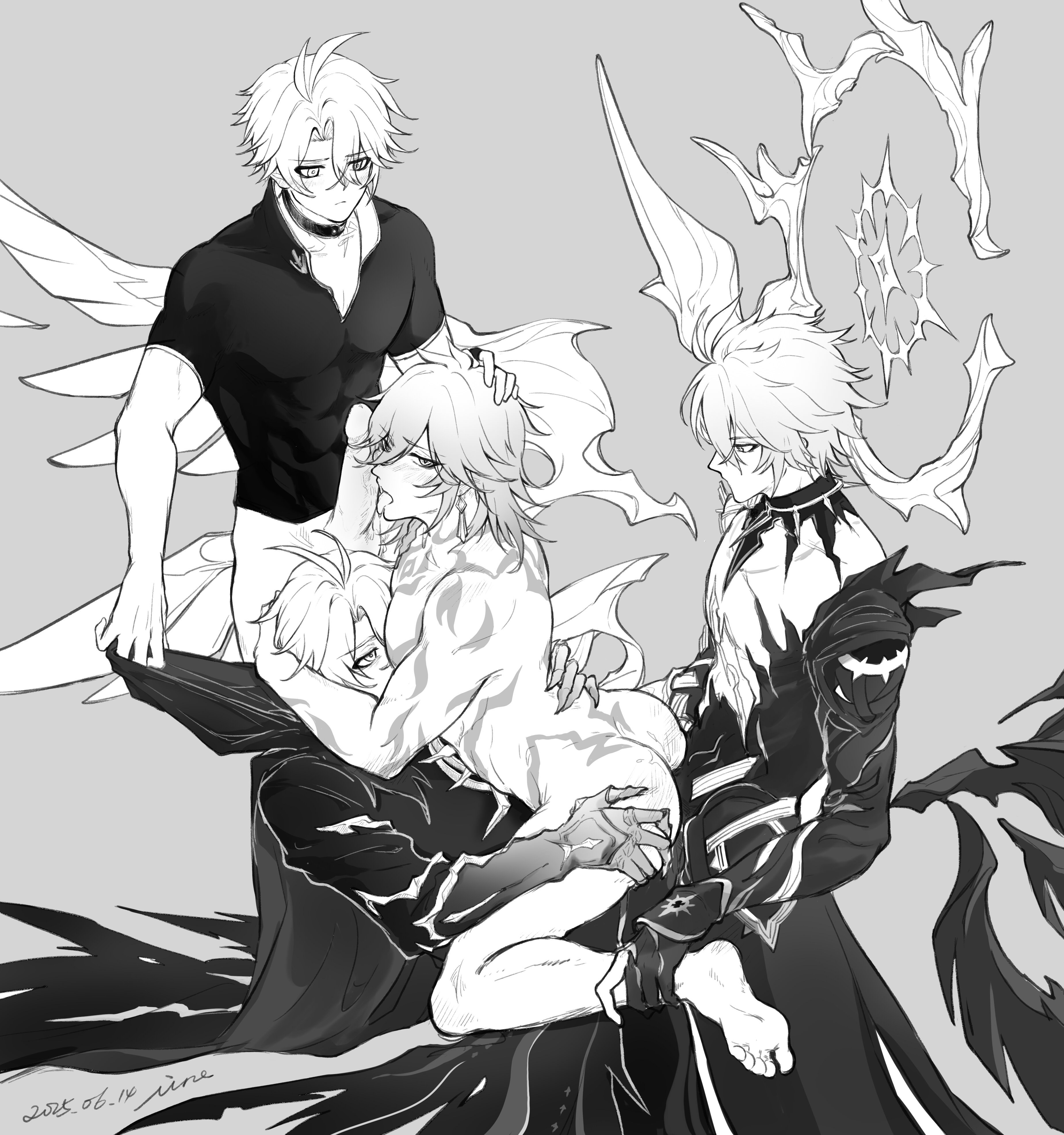clones, double penetration, foursome, gay, honkai: star rail, licking penis, male, monochrome, mydei (honkai: star rail), penis, phaidei (honkai: star rail), phainon (honkai: star rail), yaoi