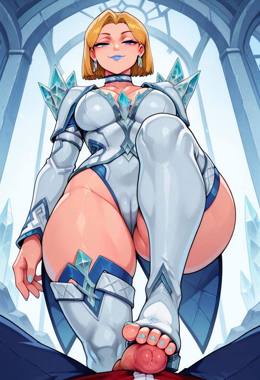 1boy ai_generated armor asshole blonde_female blonde_hair blue_choker blue_eyes blue_lips blue_lipstick blue_nails blue_toenails bob_cut breasts cameltoe choker collarbone commission crystal doctor_payne earrings emma_frost emma_frost_(marvel_rivals) feet feet_focus female femdom foot_fetish footjob from_below jewelry large_breasts leotard lipstick looking_at_viewer looking_down makeup male marvel marvel_rivals nail_polish nipples patreon penis pov pussy request short_hair shoulder_armor smile solo_focus straight tagme thick_thighs thighhighs thighs toenail_polish toenails toes uncensored