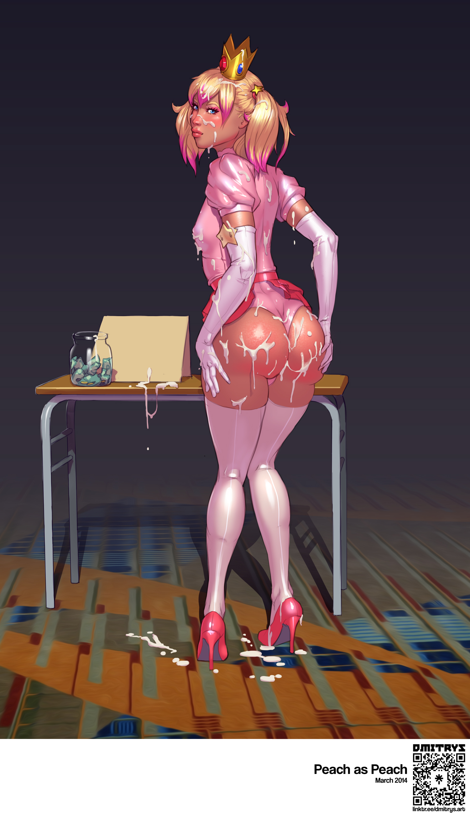 1boy, 1femboy, 2014, blonde hair, bulge, covered in cum, crown, cum, cum on ass, cum on body, cum on face, cum on floor, dmitrys, erect penis, erection, femboy, femboy only, girly, gloves, hands on ass, high heels, leotard, looking back, male, male only, mario (series), peach (dmitrys), presenting anus, princess peach (cosplay), solo, solo femboy, solo focus, solo male, stockings, trap