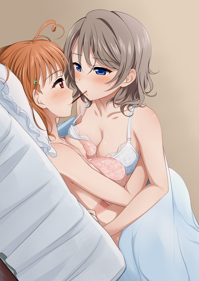 2girls, bed, blush, breast press, breasts, female, love live!, love live! sunshine!!, miel (lessontome), pocky, suzume miku, takami chika, watanabe you, yuri