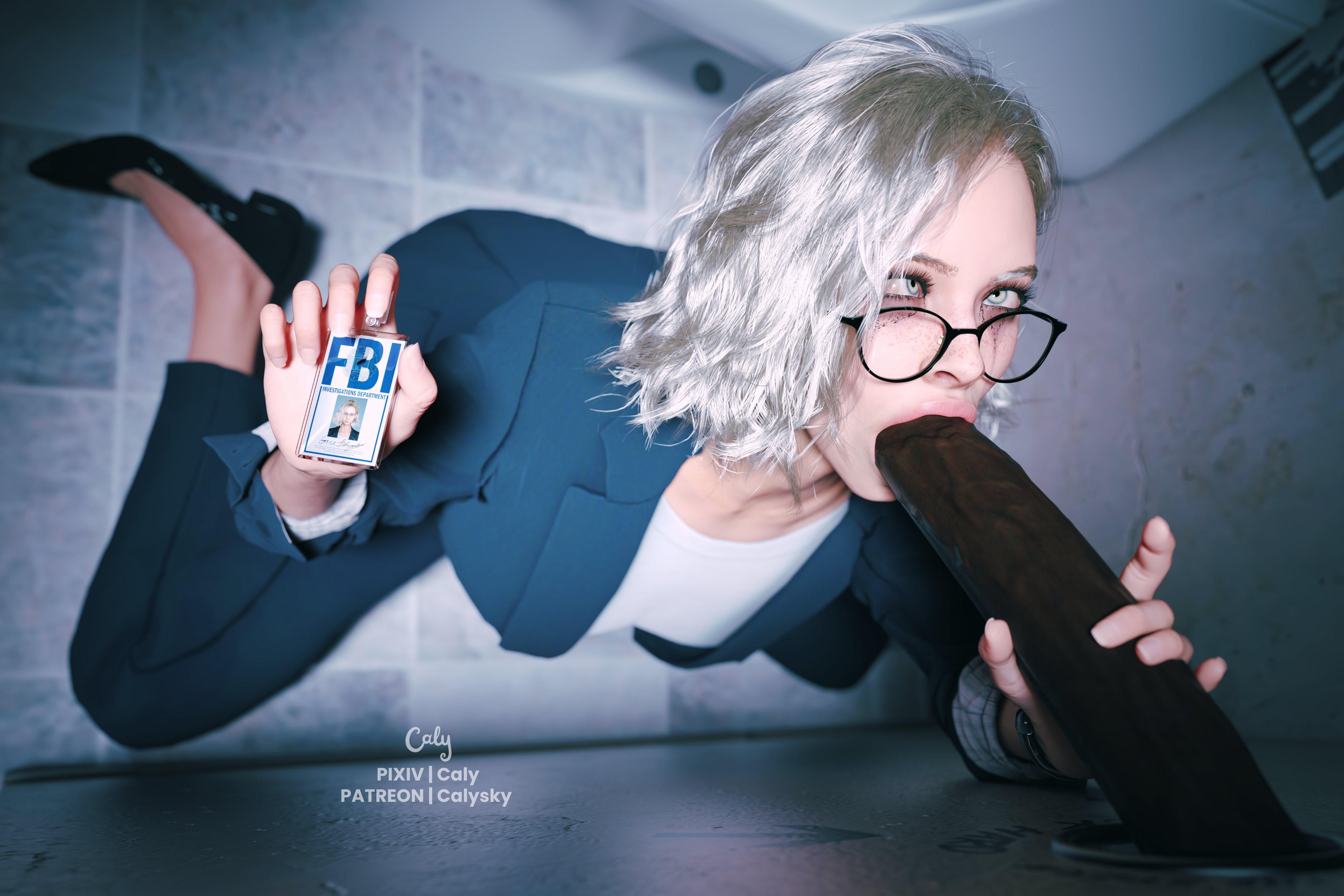 1boy, 1girls, 3d, blonde hair, blowjob, blue eyes, calysky, capcom, clothing, dark skin, fbi, fellatio, female, female focus, glasses, glory hole, grace ashcroft, grace ashcroft (fbi outfit), human, id card, kneeling, male, oral, pale skin, penis, public, resident evil, resident evil 9: requiem, sex, tagme, toilet