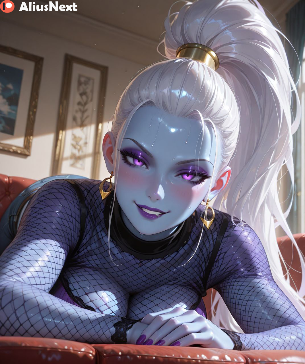 1girls, ai generated, aliusnext, ass, big ass, big breasts, blue skin, breasts, dragon ball, dragon ball super, female, female only, hi res, high quality, high resolution, highres, huge ass, huge breasts, light skin, light-skinned female, lingerie, long hair, massive ass, massive breasts, mature, mature female, nail polish, patreon, ponytail, purple eyes, purple lipstick, sweat, sweatdrop, sweating, sweaty, sweaty body, sweaty breasts, thick, thick ass, thick hips, thick legs, thick lips, thick thighs, vados, white hair