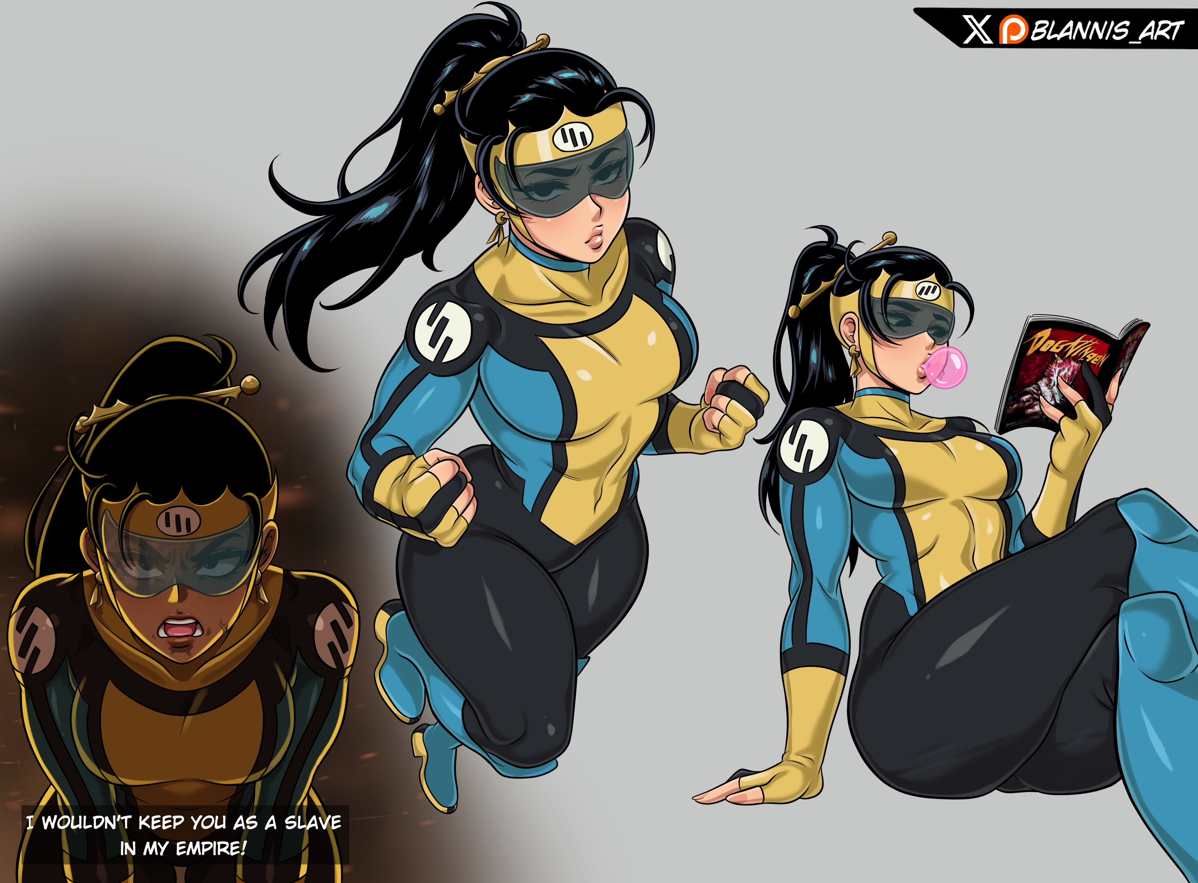 angry, bent over, black hair, blannis art, clothed, clothed female, comic book, dog nigga, dog ningen, female, female only, femvincible, genderswap, genderswap (mtf), grey background, invincible, mark grayson, ponytail, reading, reading peak, rex wisconsin, rule 63, simple background, solo, target mark (invincible), tinted eyewear, visor