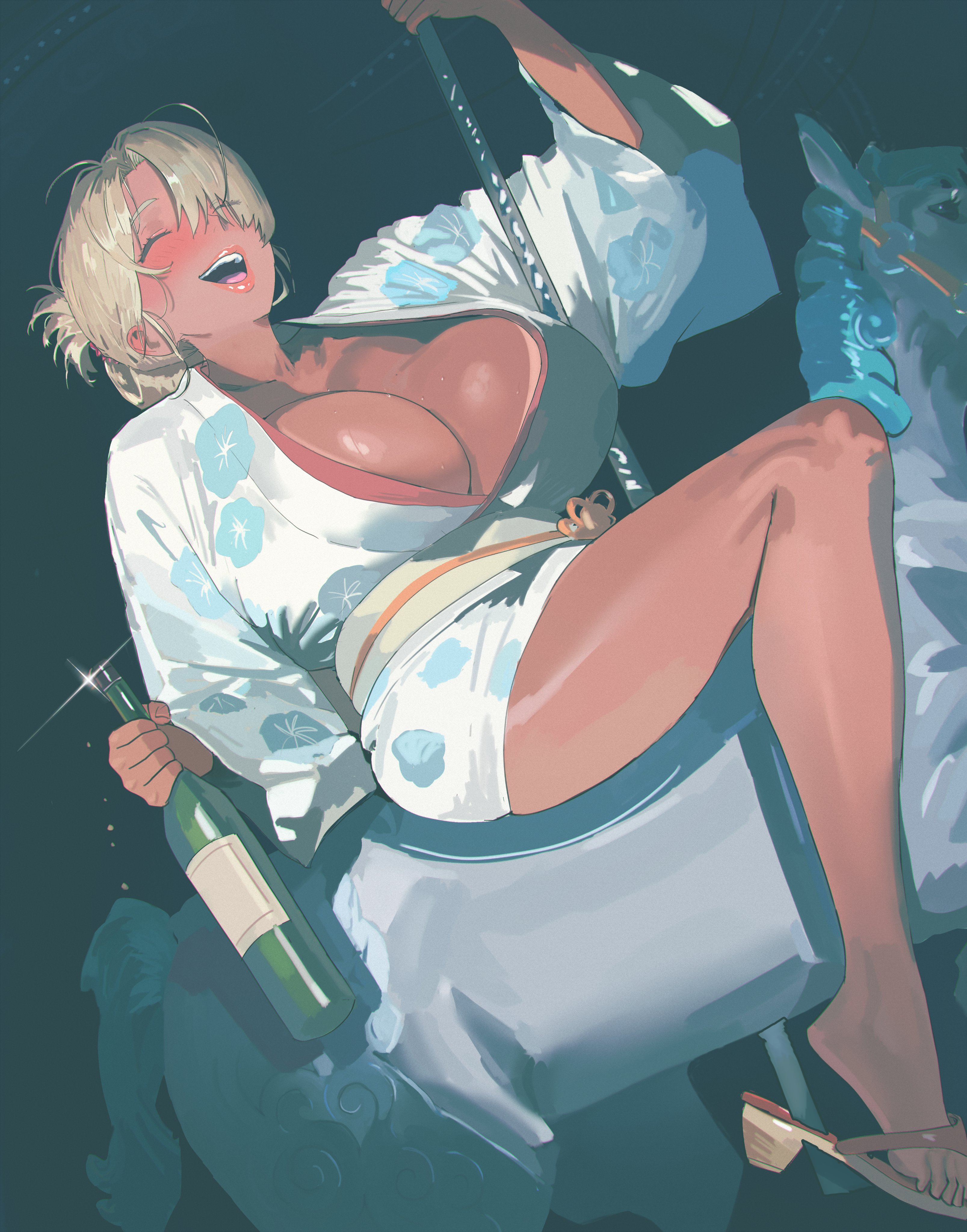 2d, 2d (artwork), 2d artwork, ass, blonde, blonde female, blonde hair, blonde-haired female, breasts, carousel, carousel horse, dark skin, dark-skinned female, drink, female, hair, happy, happy female, hintobento, lips, riding, sandals, smile, smiling, solo, sweat, sweatdrop, sweaty, sweaty breasts