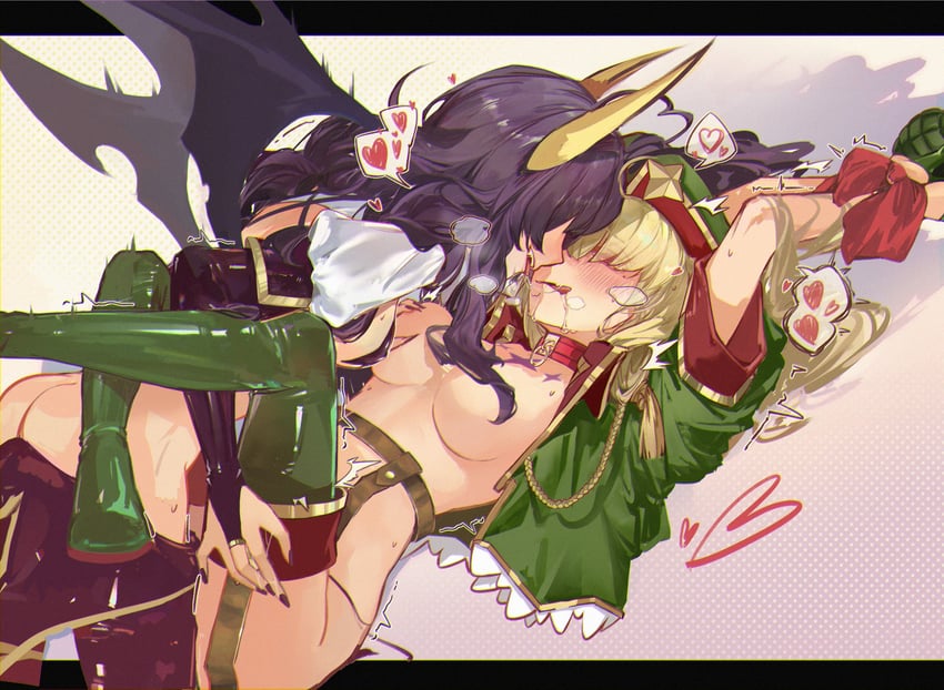 2girls, after kiss, araga kiwi, ass, bat wings, blonde hair, blush, bound, bound wrists, breasts, choker, fangs, female, grabbing, grabbing another's breast, grabbing breasts, groping, groping breasts, hair over eyes, hat, heart, highres, hiiragi utena, horns, leg lock, leoparde (mahou shoujo ni akogarete), lesbian domination, lesbian kiss, lesbian sex, licking lips, long hair, magia baiser, mahou shoujo ni akogarete, medium breasts, military hat, military uniform, multiple females, multiple girls, nail polish, purple hair, saliva, saliva trail, simple background, smile, spoken heart, thigh boots, thigh highs, thighhighs, thighs, tongue, tounge out, wings, yuri