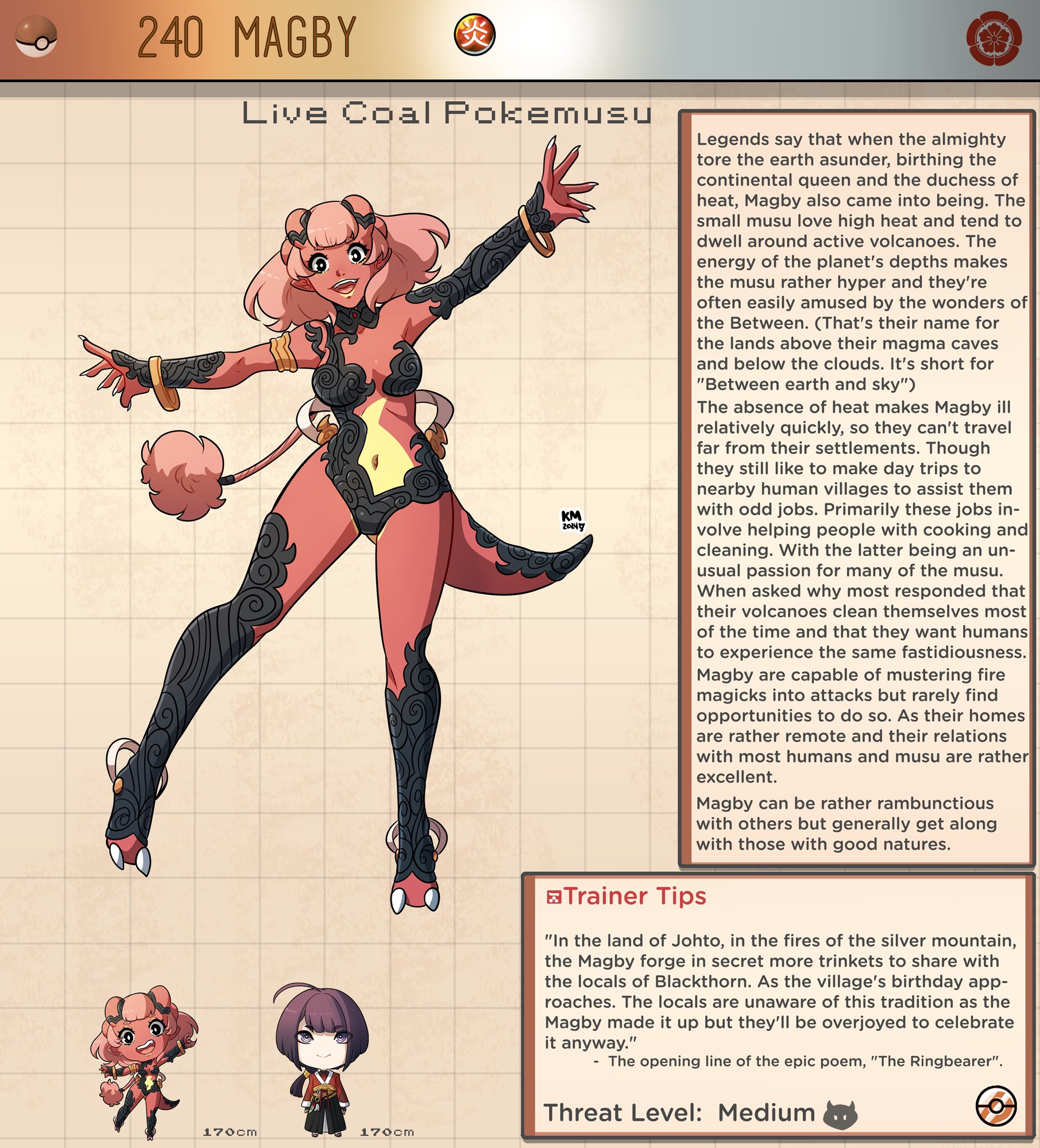1boy, 1girls, breasts, character sheet, chibi, creature index, english text, female, generation 2 pokemon, kinkymation, looking at viewer, magby, male, medium breasts, monster girl, pink hair, pokemon, pokemon (species), pokemusu, red skin, smile, tail, text, text box, wide hips