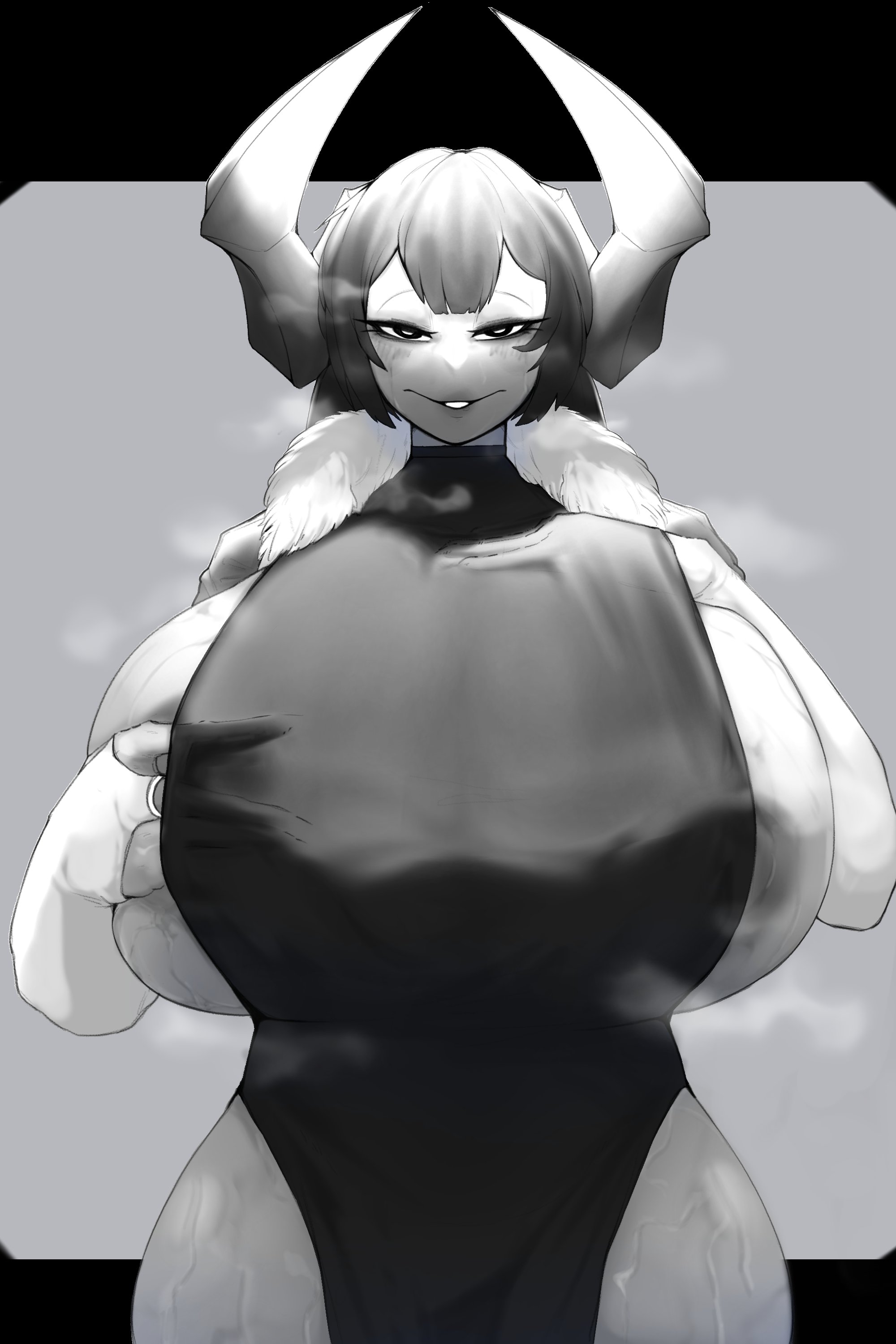 1girls, big areola, big breasts, black and white, breasts, choday, dress, female, female focus, female only, fur hood, giant breasts, hand under clothes, horned female, horns, large horns, looking at viewer, nipple bulge, nipples, oc, steam, steamy, steamy body, steamy breasts, sweat, sweaty, sweaty thighs, tall, tall female