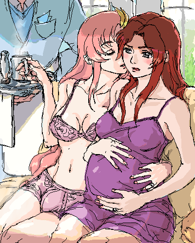 1futa 1girls bare_shoulders belly big_belly bulge butler flay_allster futa_wife futa_with_female futanari gundam gundam_seed holding_belly intersex lacus_clyne lingerie maya_sawamura_anderson milf partial_male pink_hair pregnant red_hair sitting underwear wedding_ring yuri