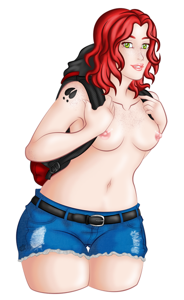 backpack bag belt beltshorts breasts denim denim_shorts female green_eyes grin highres jean_shorts kanedaburn looking_at_viewer medium_breasts nipples red_hair render short_hair short_shorts small_breasts smile tattoo topless