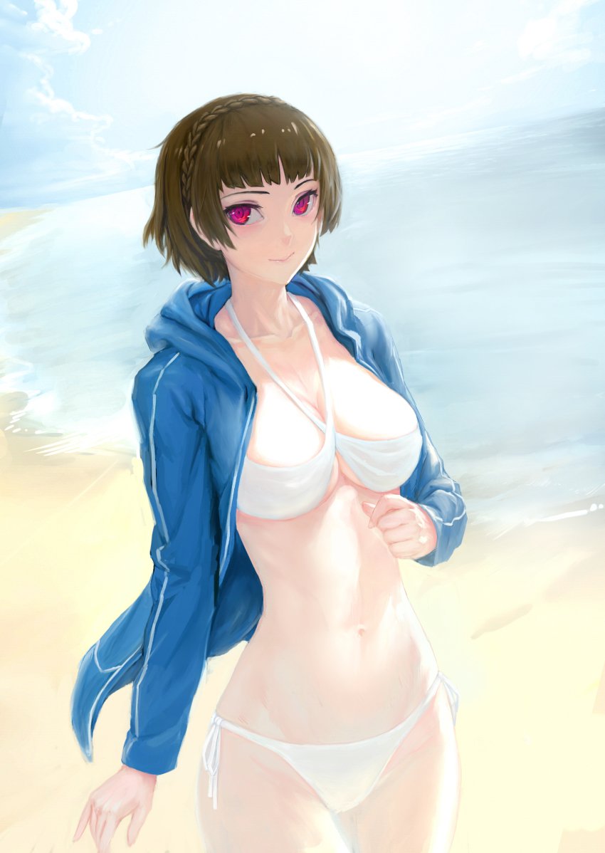 1girls, beach, bikini, bright background, female, female only, half naked, magenta eyes, makoto niijima, persona, persona 5, questionable, swimsuit, teenage girl, teenager, white bikini