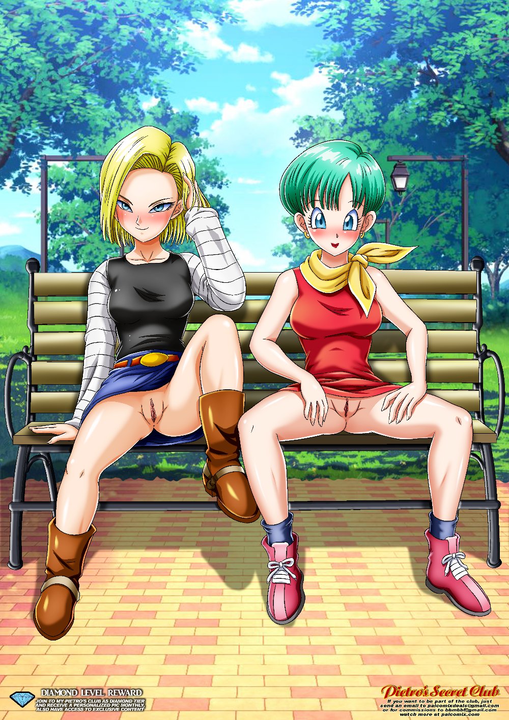 2girls, android 18, blonde hair, blue hair, boots, bottomless skirt, breasts, bulma briefs, curvy, dragon, dragon ball, dragon ball z, exposed, exposed pussy, female, female only, large breasts, multiple females, multiple girls, no panties, palcomix, public exposure, pussy, skirt, skirt lift, upskirt