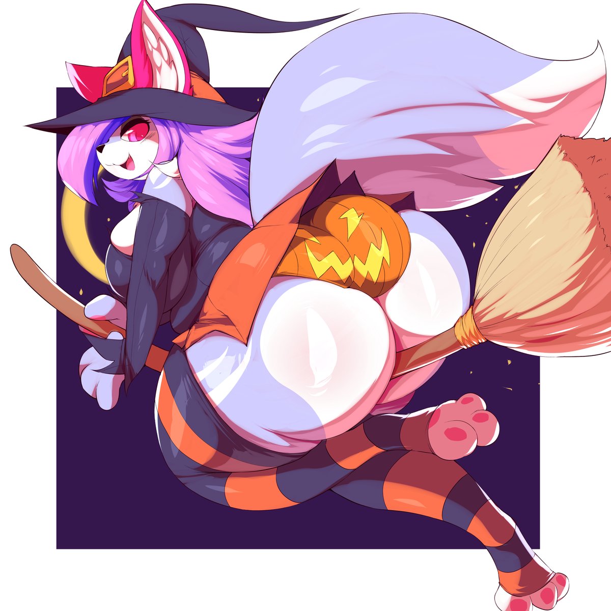 anthro, ass, breasts, broom, chubby, feline, female, furry, halloween, holidays, huge ass, huge breasts, hyper ass, looking at viewer, looking back, panties, pumpkin butt, purple hair, rear view, seductive, seductive smile, sideboob, striped legwear, thick thighs, thighhighs, trinity-fate62, witch hat, wolf