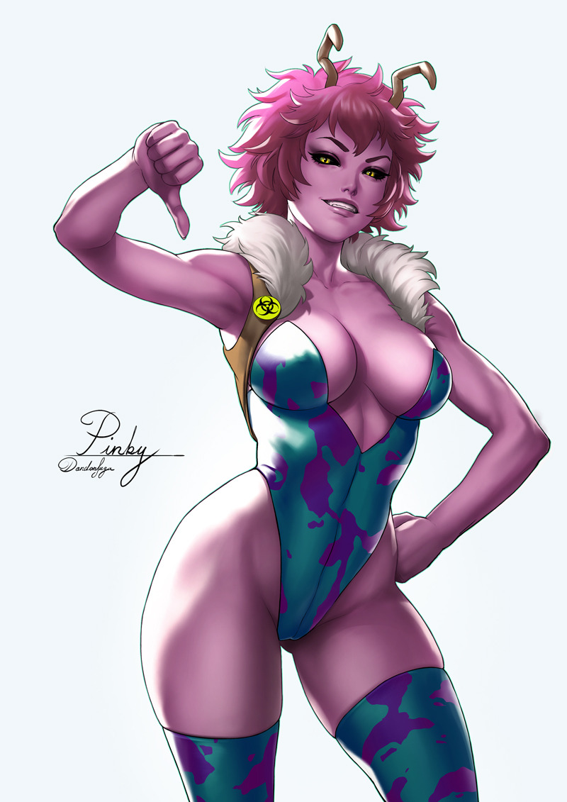 1girls, black sclera, breasts, cleavage, clothed, dandon fuga, female, female only, fur trim, hero outfit (mha), leotard, mina ashido, my hero academia, pink hair, pink skin, pink-haired female, pinup, smile, solo, thick thighs, thighhighs, thumbs down, yellow eyes