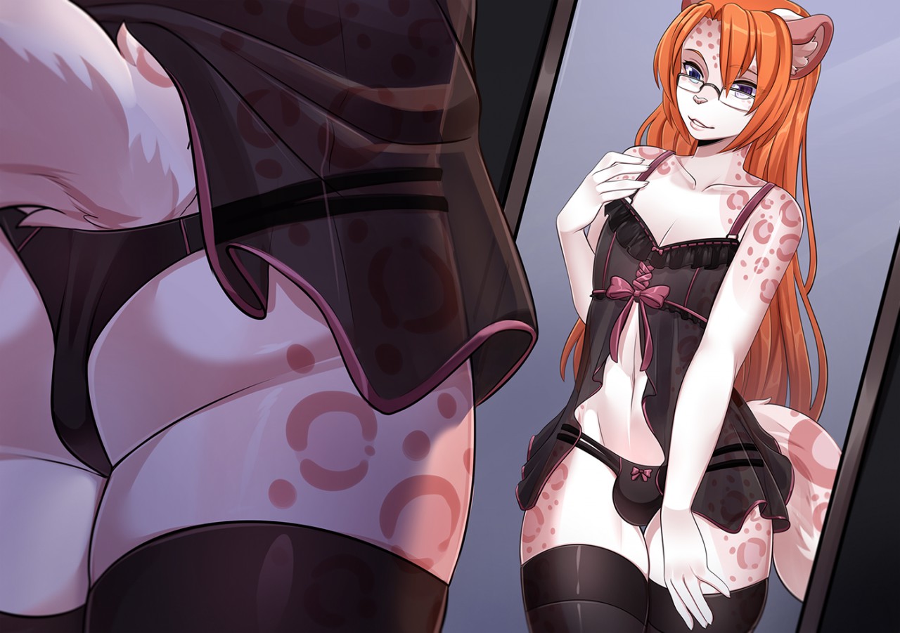 1boy, anthro, ass, black legwear, black panties, bulge, crossdressing, femboy, girly, glasses, iwbitu, lingerie, long hair, male, male only, mirror, red hair, solo, stockings, tail, thighhighs, thong, trap