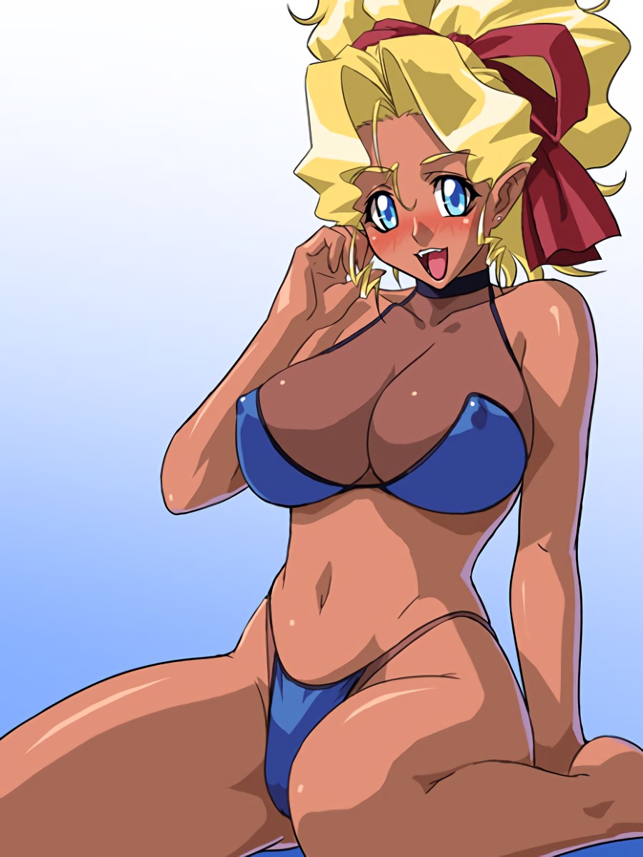 1girls adjusting_hair ahoge alien alien_girl arm arm_support back barefoot behind bikini blonde_hair blue_background blue_bikini blue_eyes blush bow breasts cleavage covered_nipples dark-skinned_female dark_skin earrings female female_only gradient gradient_background groin hairbow halterneck high_ponytail highleg highleg_bikini highleg_swimsuit jewelry kagami_hirotaka large_breasts long_hair looking_at_viewer mihoshi_kuramitsu navel open_mouth pointy_ears ponytail redbone ribbon_bangs see-through sidelocks sitting smile solo sports_bikini swimsuit tenchi_muyo! turtleneck wariza wavy_hair wide_hips