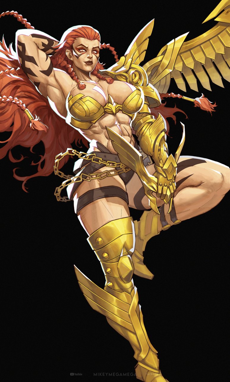 1girls, abs, angela (aldrif odinsdottir), arm up, armor, breasts, cleavage, female, female only, full body, golden armor, hips, large breasts, light skin, light-skinned female, long hair, looking at viewer, marvel, marvel comics, marvel rivals, metal bra, mikeymegamega, muscular, muscular female, navel, red hair, scar, scar on stomach, simple background, smile, solo, stomach, tattoo, thick body, thick thighs, thor (series)