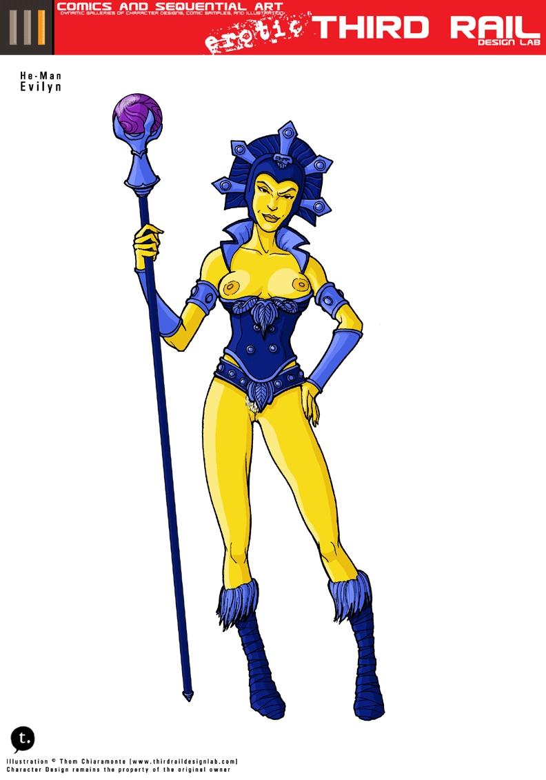 1girls breasts_out character_name corset evil-lyn female female_only filmation headwear masters_of_the_universe signature solo solo_female staff standing tagme text trdl villainess yellow-skinned_female yellow_skin