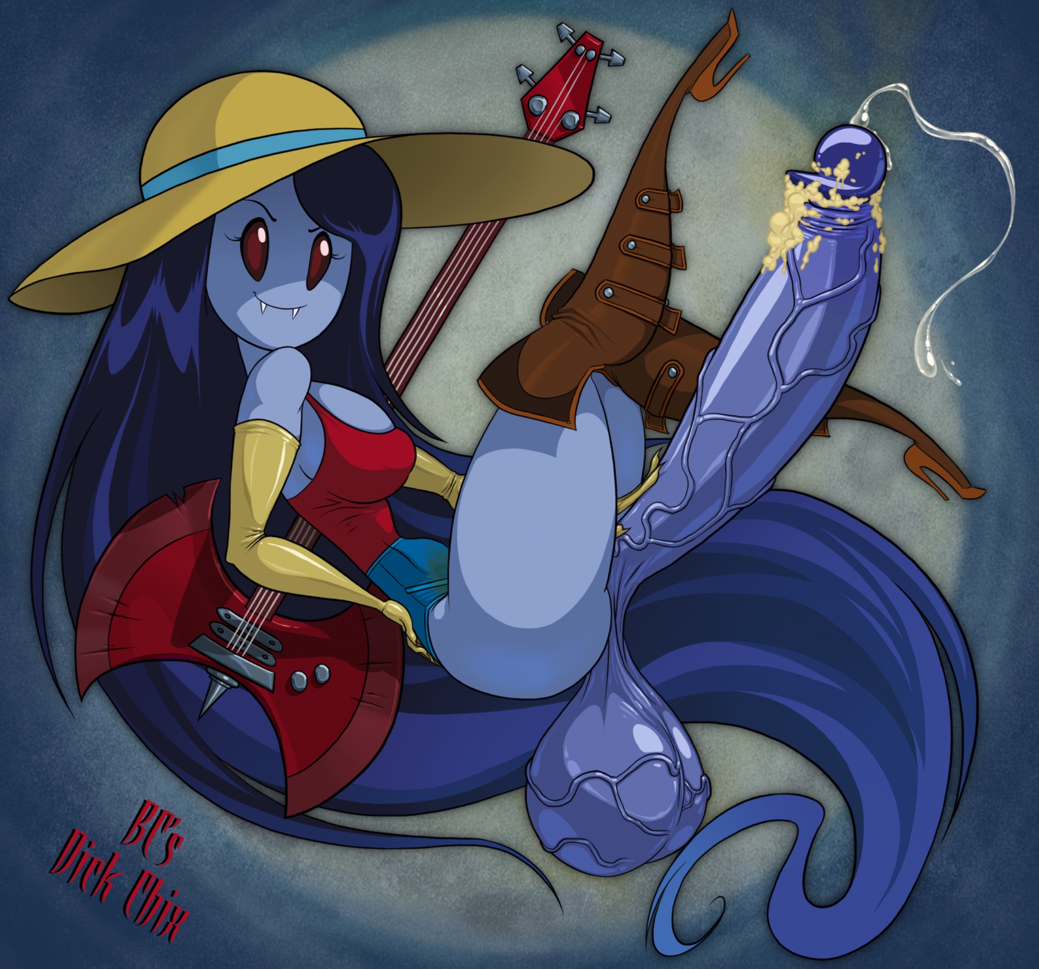 adventure time, armwear, axe guitar, balls, bcdickchix, bcfuta, big breasts, big penis, black hair, breasts, brendancorris, cartoon network, dark blue hair, dickgirl, fat balls, futa only, futa vampire, futanari, genitals, grey body, grey skin, grin, hard cock, hard penis, huge balls, huge breasts, huge cock, humanoid, intersex, large penis, leather leggings, leather legwear, long blue hair, long hair, marceline, penis, penis out, piss stain, smegma, sun hat, testicles, vampire, veiny penis, yellow armwear