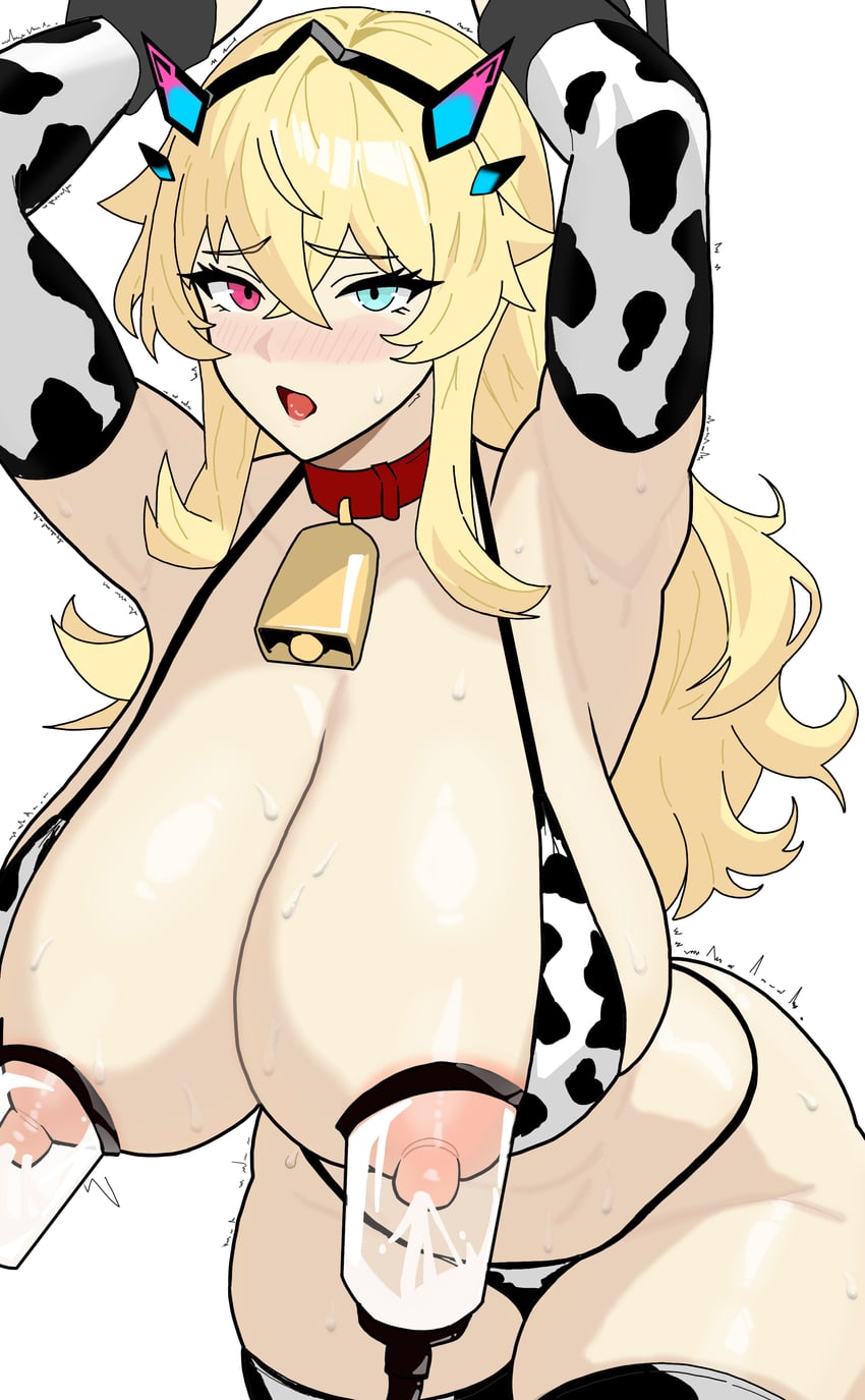 barghest (gawain) (fate), bikini, blonde hair, blush, breasts, cow print, cowbell, fate (series), fate/grand order, female, huge breasts, lactation, milking breasts, milking machine, yom4 e
