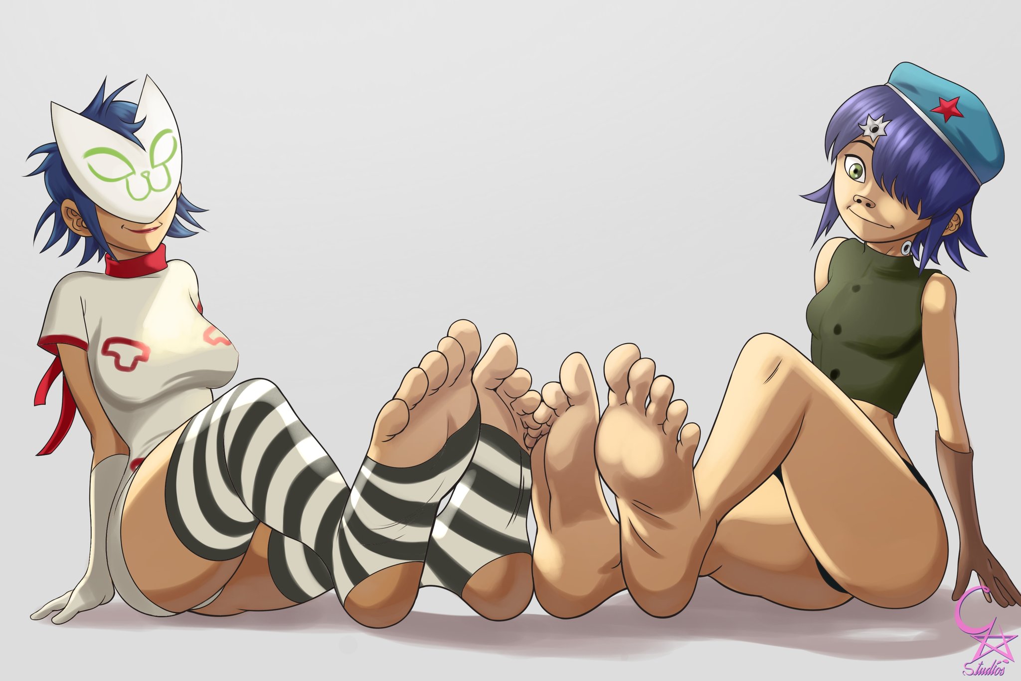 2girls, barefoot, cockstar studios, cyborg noodle, feet, female, foot ferish, foot fetish, gorillaz, noodle (gorillaz), noodle (plastic beach), presenting feet, soles, tagme, toes