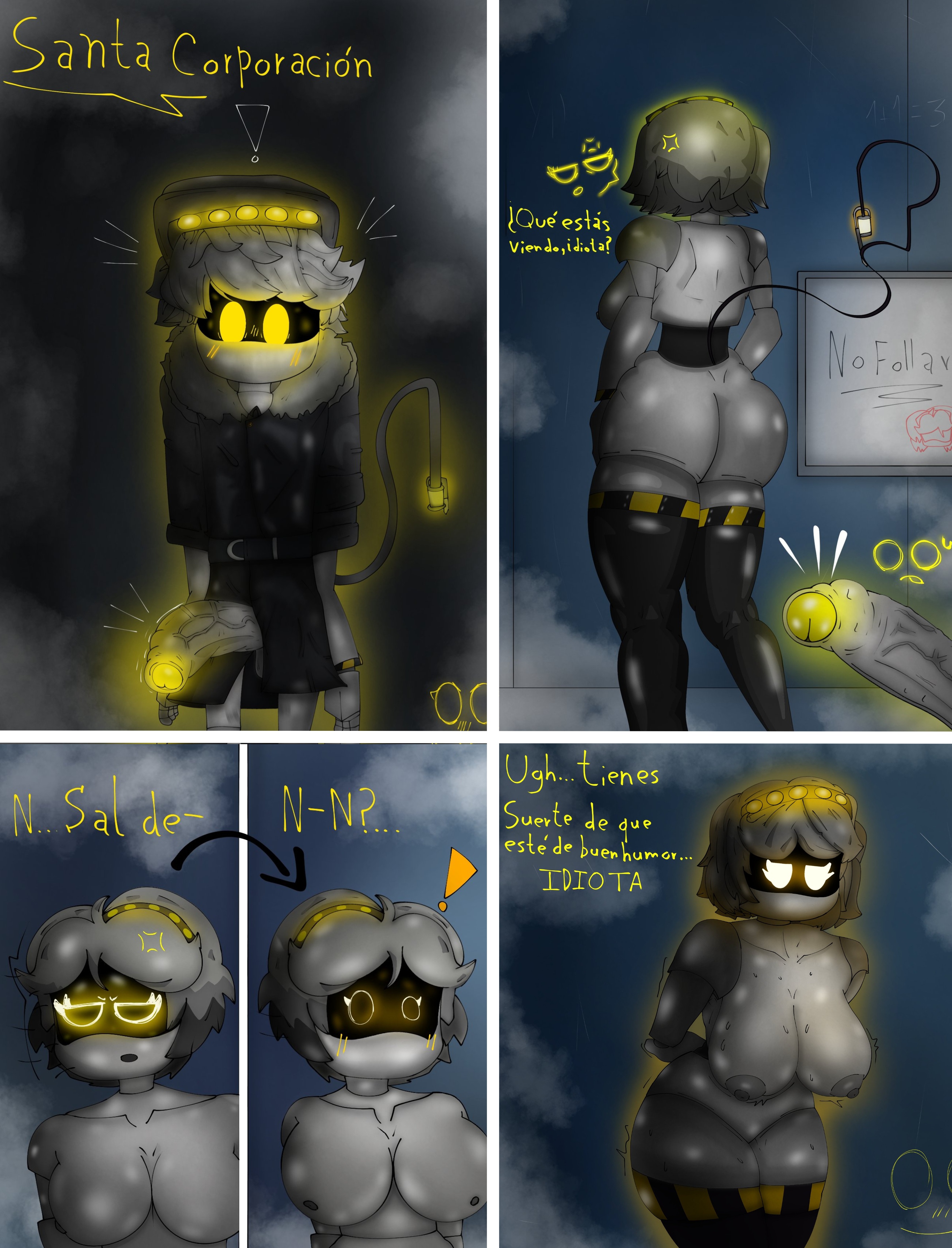 1boy, 1girls, ass, breasts, comic, disassembly drone, envy (murder drones), erection, female, glitch productions, male, male/female, murder drones, n (murder drones), penis, robot, robot boy, robot girl, robot humanoid, skibidinaughty, skibidinaughty (artist), spanish text, surprised expression, tagme, v (murder drones), white body