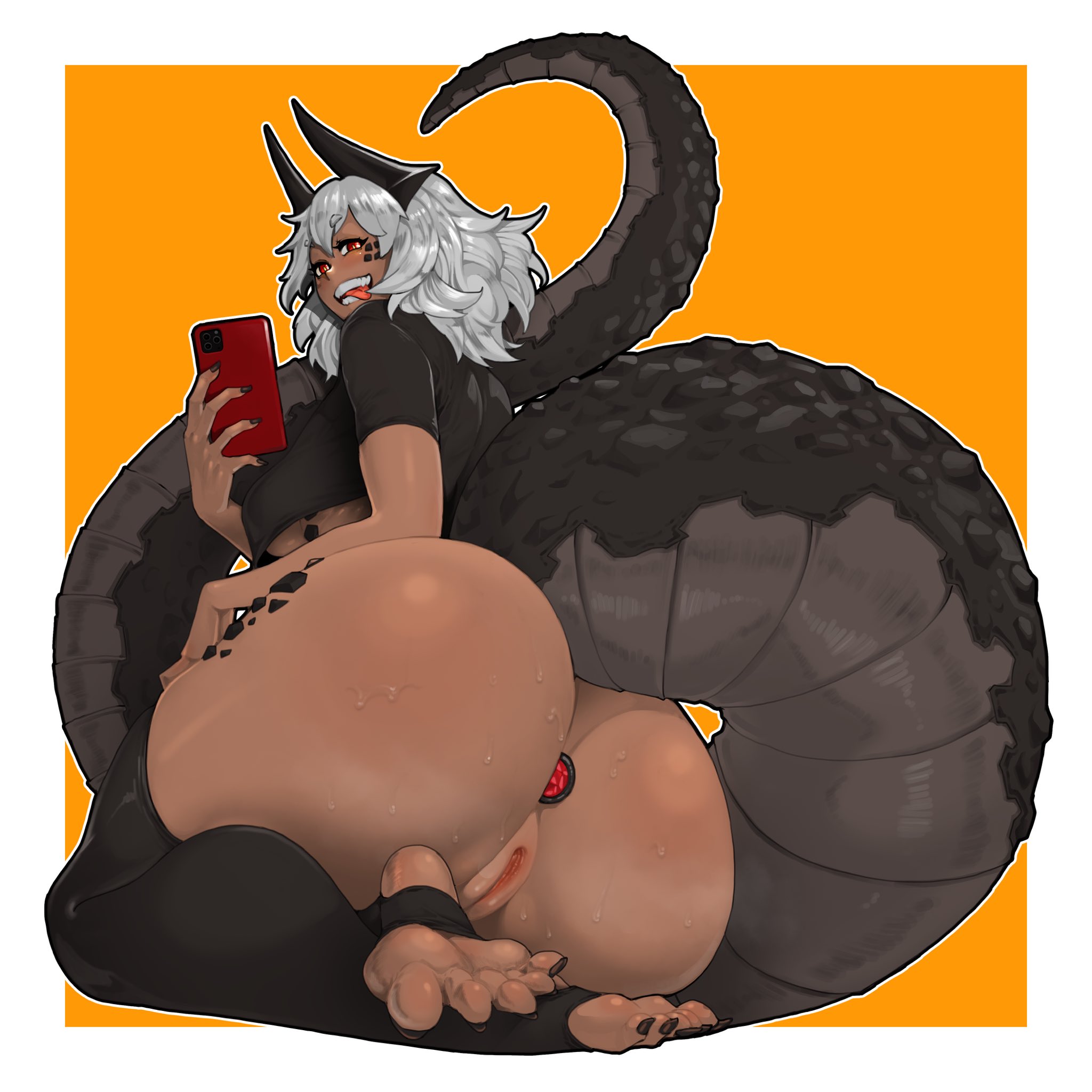 1girls, anal plug, ass, ayaqerb, bottomless, buttplug, feet, female, female only, horns, monster girl, no panties, oc, phone, red eyes, selfie, tail