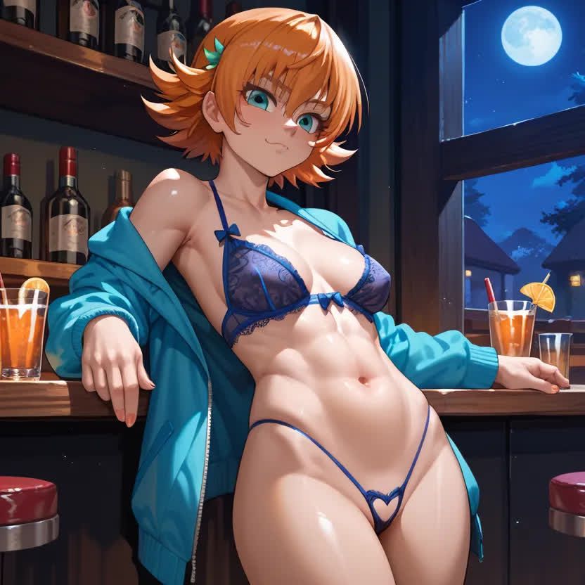 ai_generated blonde_hair female igawa_sakura lingerie medium_breasts moon moonlight seductive short_hair smile taimanin_(series) taimanin_asagi