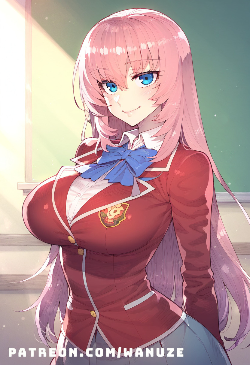 ai_generated big_ass big_breasts big_butt big_thighs blue_eyes blush bow classroom classroom_of_the_elite huge_ass huge_breasts huge_butt huge_thighs ichinose_honami_(cote) pink_hair pleated_skirt school_uniform wanuze wide_hips