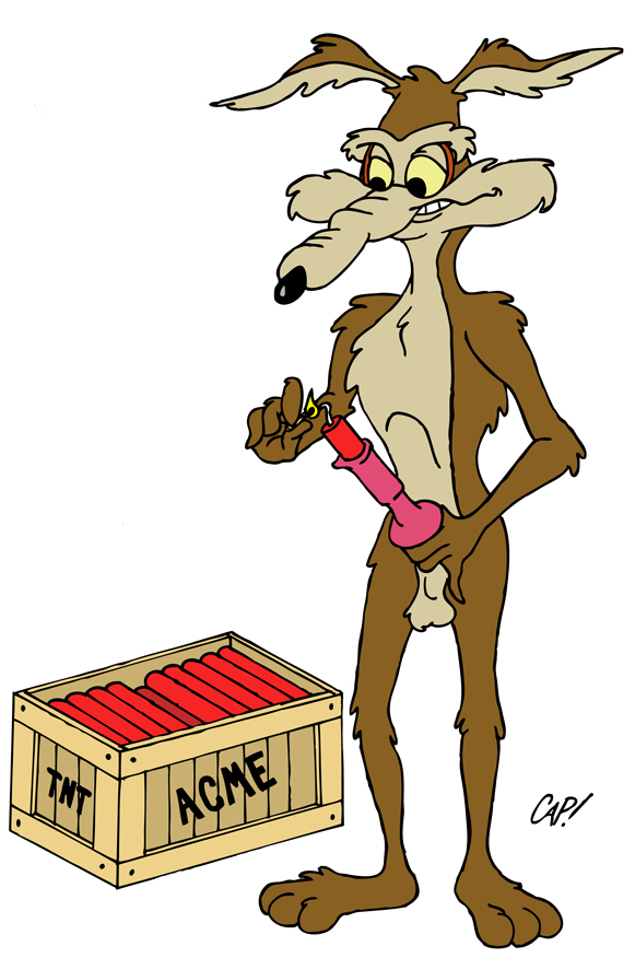 anthro canine cap! coyote dynamite erection fur furry holding_penis insertion lighting_fuse looney_tunes male male_only male_urethral_insertion mammal nude penis solo sounding standing urethral_insertion warner_brothers wile_e._coyote