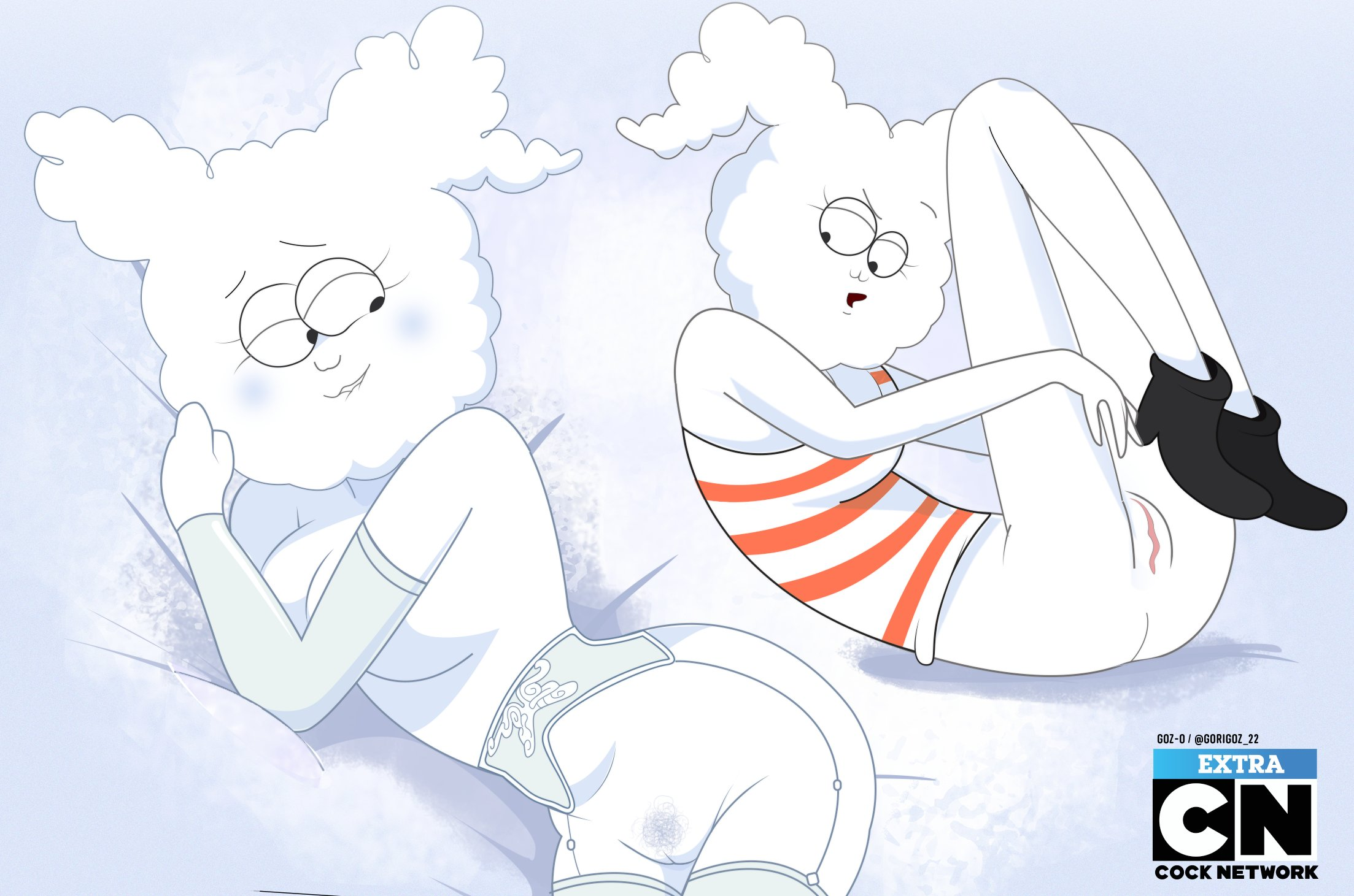 2025, ass, black eyes, blush, breasts, cartoon network, cleavage, cloud, cloudy jay, female, female only, gosgoz, grey background, laying down, lying on back, lying on side, ponytail, pubic hair, pussy, regular show, stockings, striped tank top, tank top, thighhighs, thighs, tied hair, white body, white hair, white skin