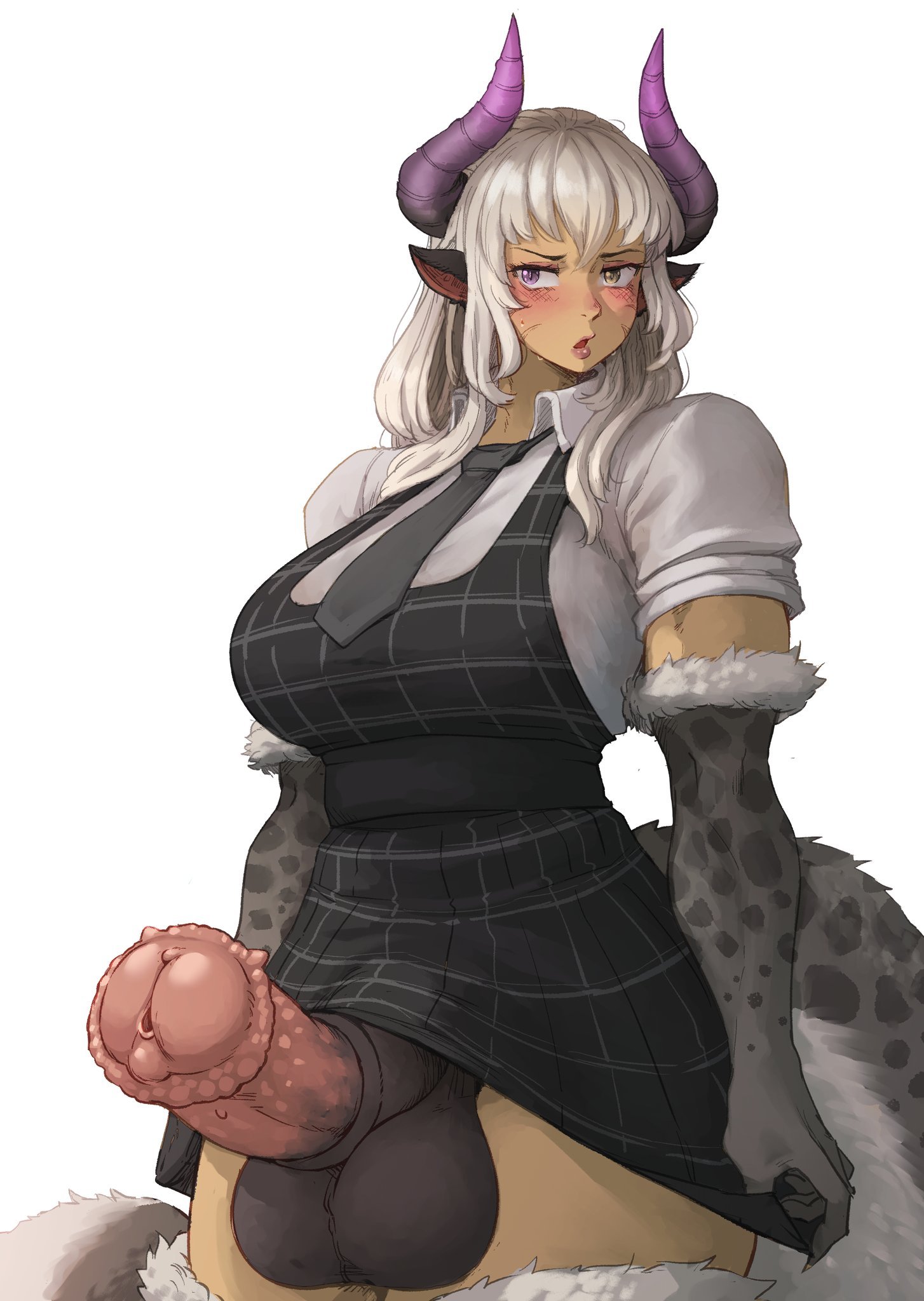 1futa, alternate version available, animal genitalia, animal genitalia on humanoid, astraea (lunar leopard), balls, bangs, big breasts, bottomless, breasts, clothed, clothing, erection, futa only, futanari, horns, huge breasts, huge cock, humanoid, intersex, light skin, light-skinned futa, long hair, mistimagi, mostly clothed, oc, penis, solo, solo futa, standing