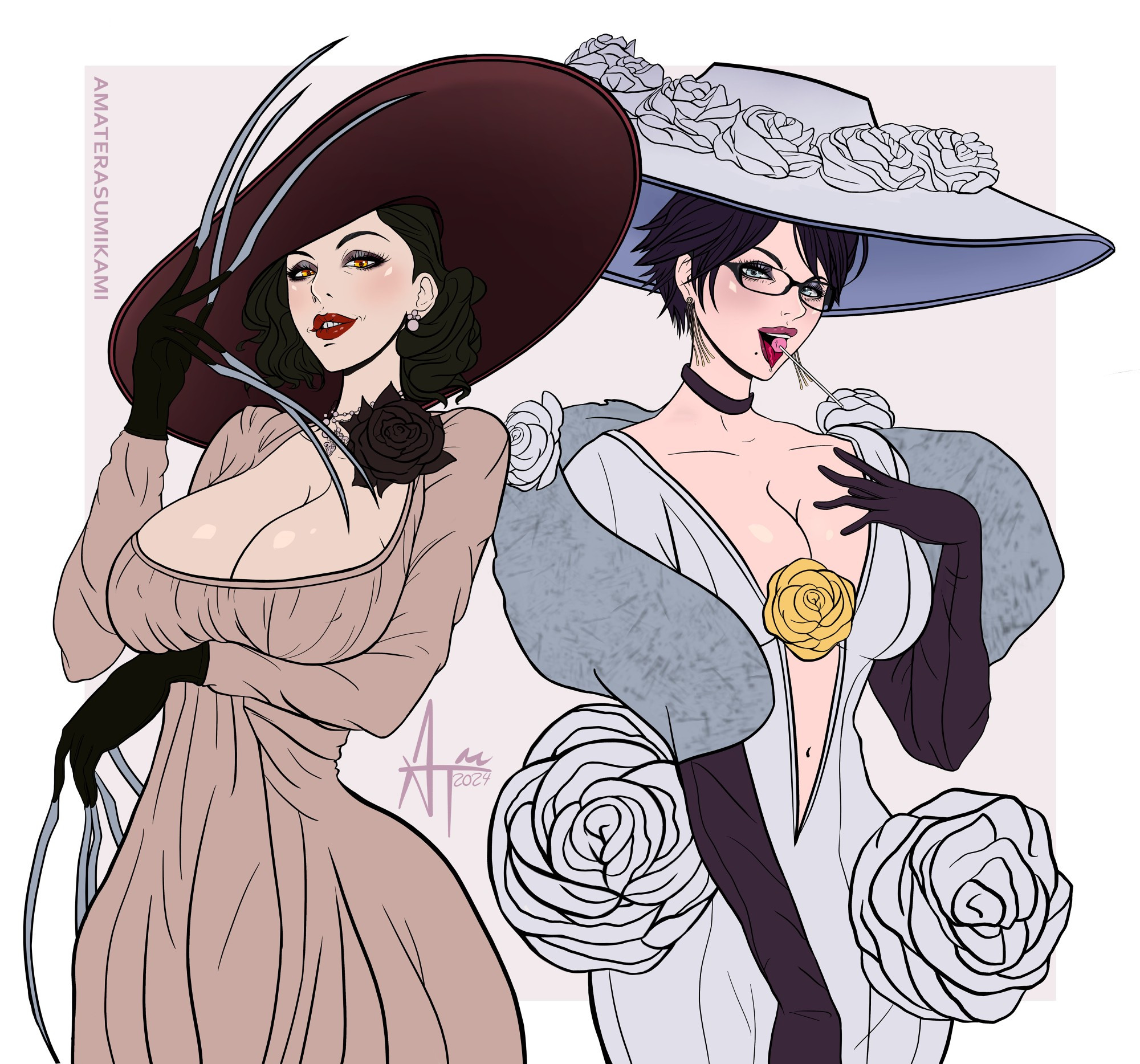2girls, alcina dimitrescu, amaterasumikami, bayonetta, bayonetta (character), bayonetta 2, big breasts, breasts, cereza, crossover, dress, female, milf, neckline, resident evil, resident evil 8: village, white dress