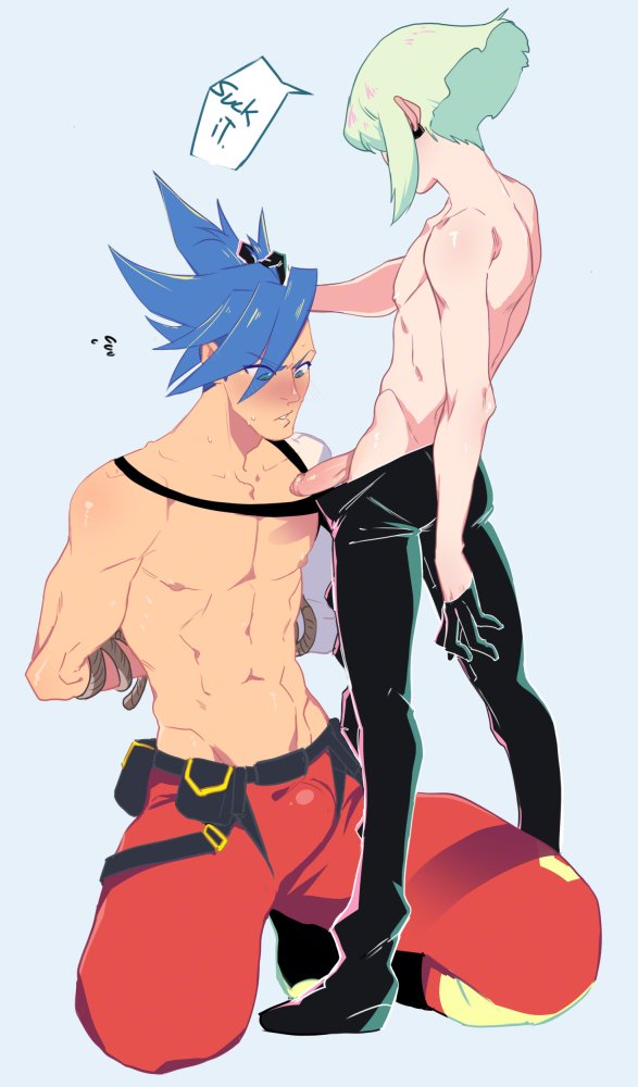 2boys abs arms_behind_back belt belt_pouch black_belt black_gloves black_pants blue_eyes blue_hair blush boots bound bound_arms collarbone domination english_text erection flying_sweatdrops full_body galo_thymos gloves green_hair groin hair_behind_ear hand_in_another's_hair kukumomo lio_fotia looking_at_penis male_focus multiple_boys navel nervous_sweating nipples open_pants pants parted_lips pectorals penis pouch promare red_pants short_hair simple_background skinny speech_bubble standing sweat toned toned_male topless_male white_background yaoi young