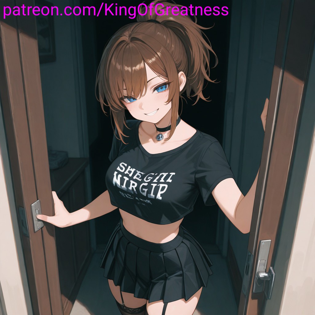 ai_generated black_shirt black_skirt blue_eyes brown_hair choker crop_top grin king_great oc ponytail skirt stockings