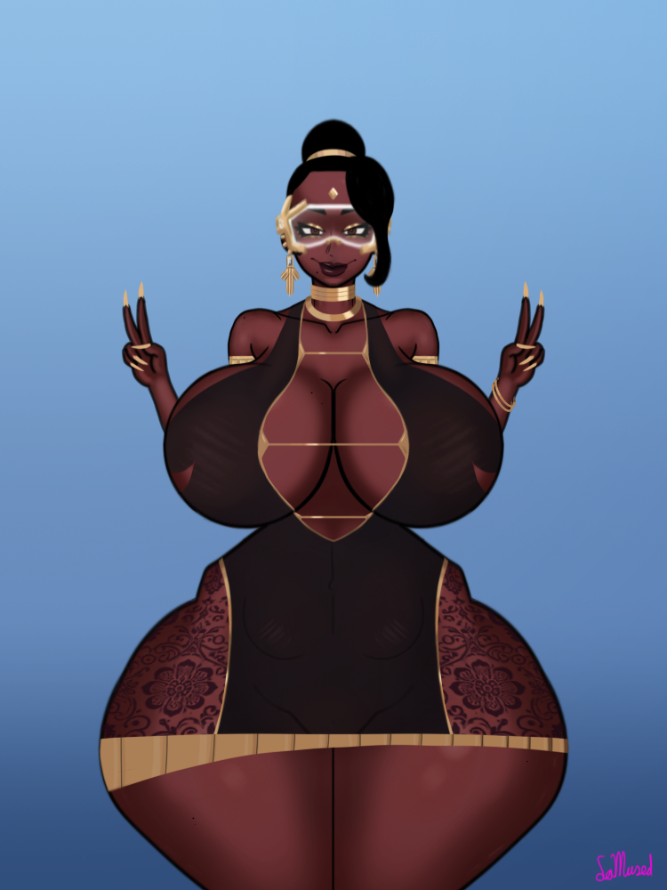 2d big_ass bimbo black_hair bubble_ass bubble_butt cock dark-skinned_female dark_skin dress female gold_jewelry huge_breasts hyper_breasts overwatch overwatch_2 peace_sign sath15 simple_background symmetra tagme