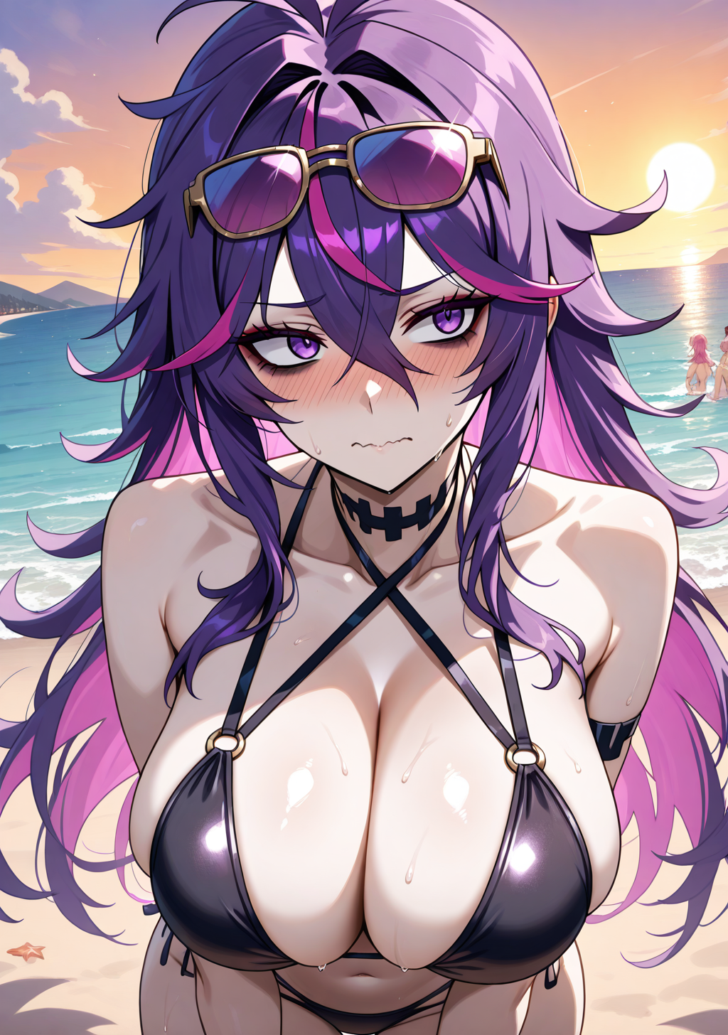 ai_generated ash_(soul_hackers_2) beach bikini blush dark_purple_hair embarrassed female large_breasts looking_away multicolored_hair pale-skinned_female pale_skin pink_hair purple_eyes soul_hackers_2 upper_body