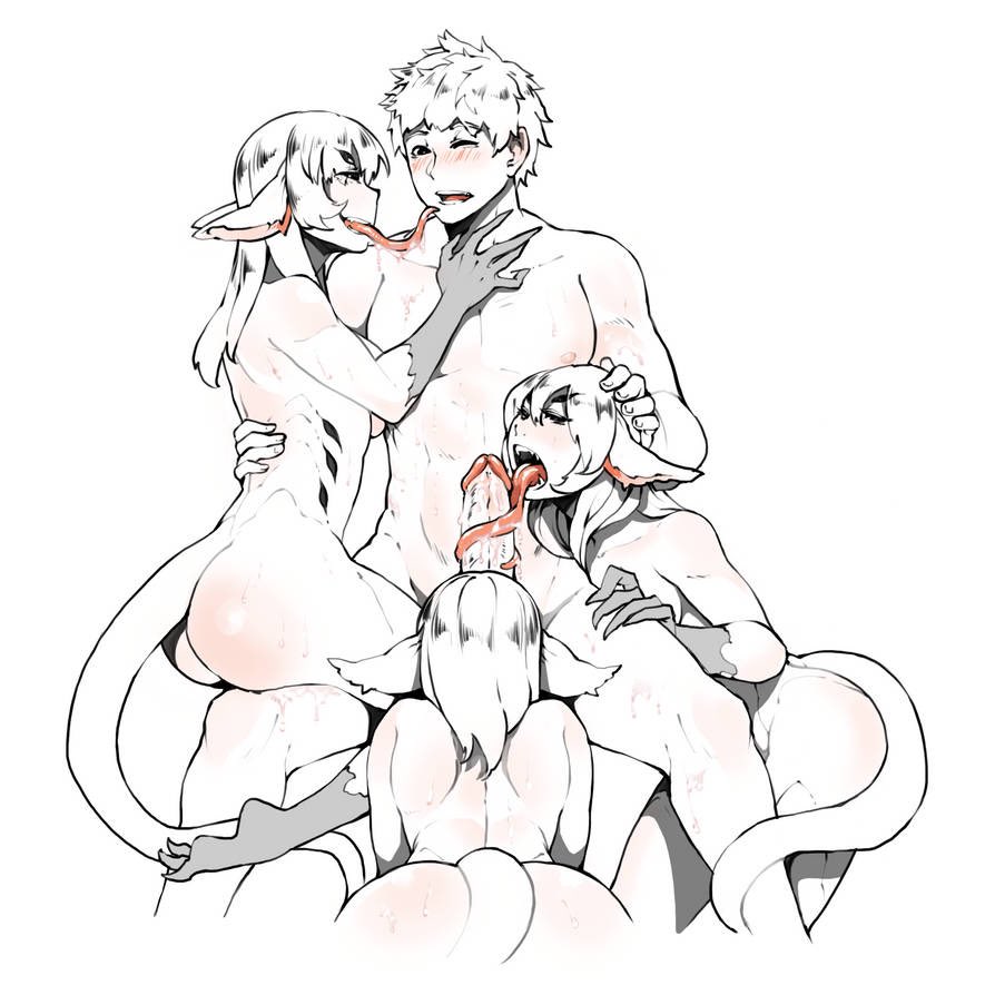 1boy, 3girls, ass, ayaqerb, fangs, female, long tongue, male, monster girl, sketch, tonguejob
