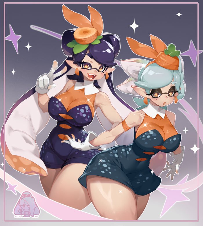 2girls, adapted costume, animal ears, armband, black dress, black hair, black jumpsuit, blush, bow-shaped hair, breasts, callie (splatoon), cephalopod eyes, dress, earrings, easter, fake animal ears, fangs, female, food-themed hat, gloves, gradient background, gradient hair, grey background, grey hair, hairband, hand on own hip, inkling, inkling girl, jewelry, jumpsuit, large breasts, little blood, long hair, looking at viewer, marie (splatoon), mole, mole under eye, multicolored hair, multiple females, multiple girls, nintendo, open mouth, orange hair, pointy ears, ponytail, rabbit ears, short hair, sleeveless, sleeveless dress, smile, sparkle, splatoon, splatoon (series), squid girl, squid sisters, standing, suction cups, symbol-shaped pupils, teeth, tentacle hair, twintails, two-tone hair, v, white gloves, wide hips, yellow eyes