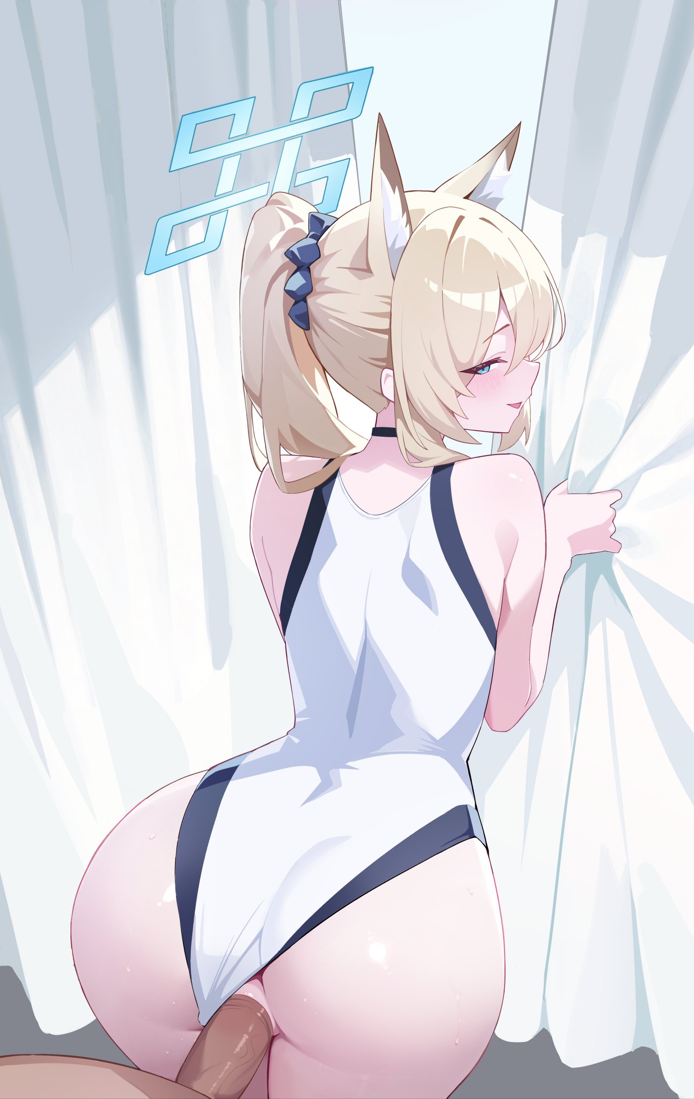 1boy, 1girls, 54etfs, animal ears, ass, back view, blonde hair, blue archive, blue eyes, cock, female, halo, kanna (blue archive), male, penetration, penis, ponytail, pussy, sex, sex from behind, swimsuit, tagme