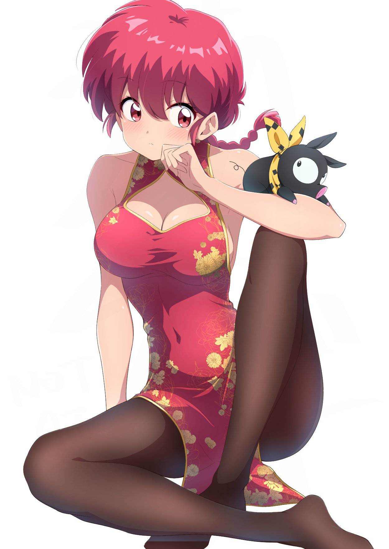 ass visible through thighs, bare arms, bare shoulders, belly button visible through clothing, big breasts, black pantyhose, blush, body blush, braid, breasts, china dress, chinese clothes, cleavage, cleavage cutout, closed mouth, collarbone, feet, female, nishizuki shino, p-chan, pantyhose, pig, ranma 1/2, ranma saotome, ranma-chan, red dress, red eyes, red hair, ryoga hibiki, shiny skin, sideboob, sitting, sleeveless dress, sus (pig), thighs