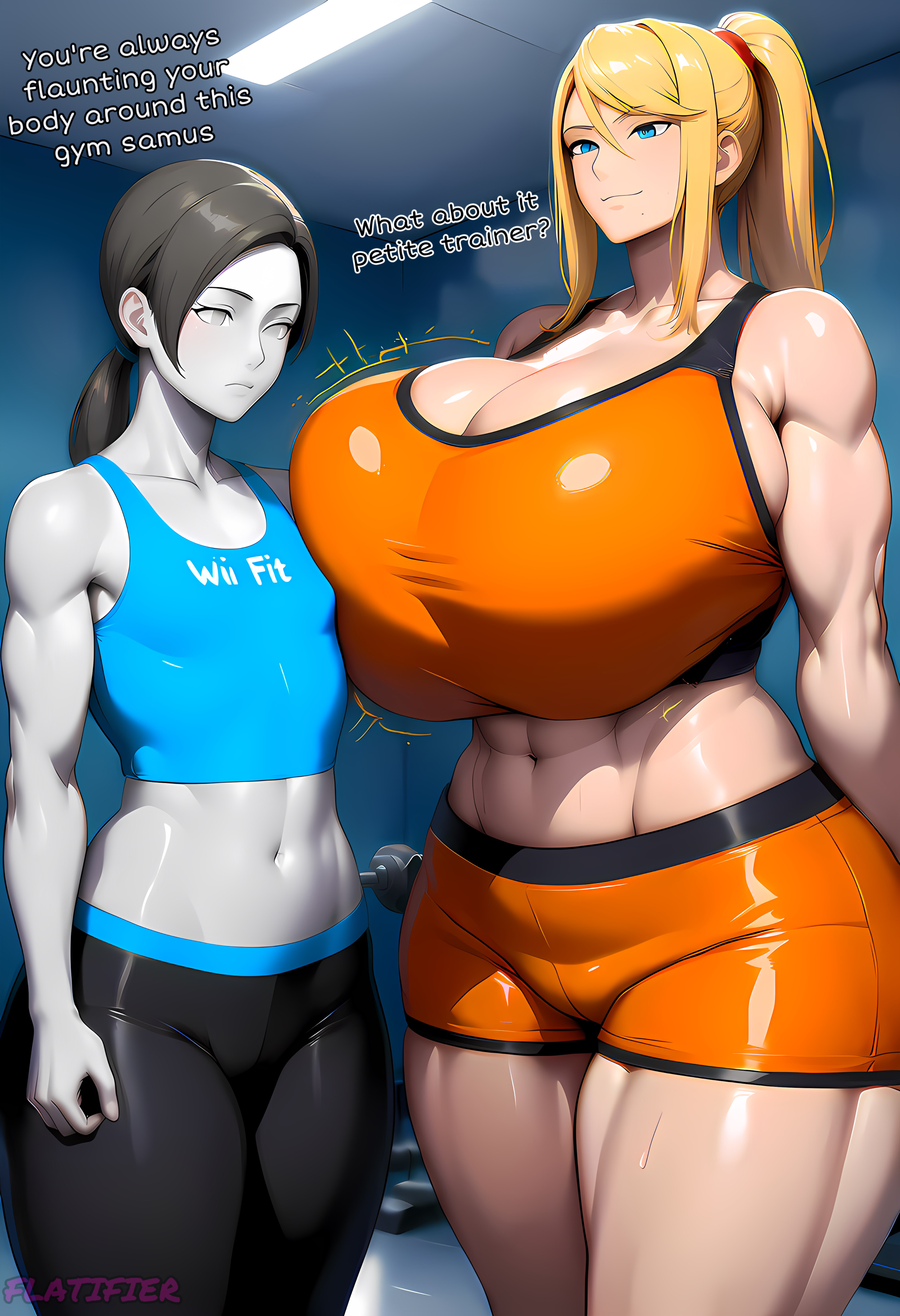 2girls, ai generated, alternate breast size, ass, attribute theft, breast expansion, breast growth, breast growth (enlargement), breast reduction, breasts, english text, female, female only, flatifier, gigantic breasts, gym, gym uniform, huge ass, huge breasts, hyper breasts, metroid, multiple girls, muscular, muscular female, samus aran, seductive smile, text, thick thighs, venus body, voluptuous, wide hips, wii fit, wii fit trainer, wii fit trainer (female)