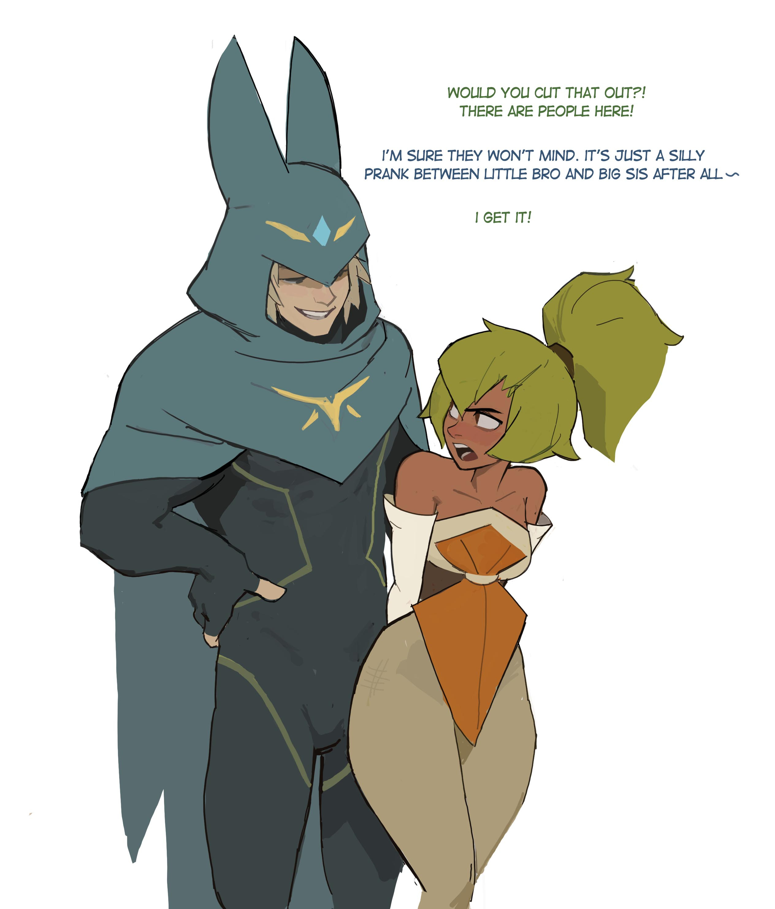 1boy, 1girls, 2d, 2d (artwork), amalia, amugea, angry, ass, ass grab, blonde hair, bodysuit, brown eyes, brown skin, cloak, dark skin, dialogue, embarrassed, english text, female, femsub, flirting, fondling, green hair, groping, groping ass, groping from behind, grumpy, highres, hood, hourglass figure, larger male, leaning, leaning forward, male, maledom, older female, playing, portrait, princess amalia sheran sharm, sadida, smaller female, smiling, talking, teasing, text, wakfu, younger male, yugo