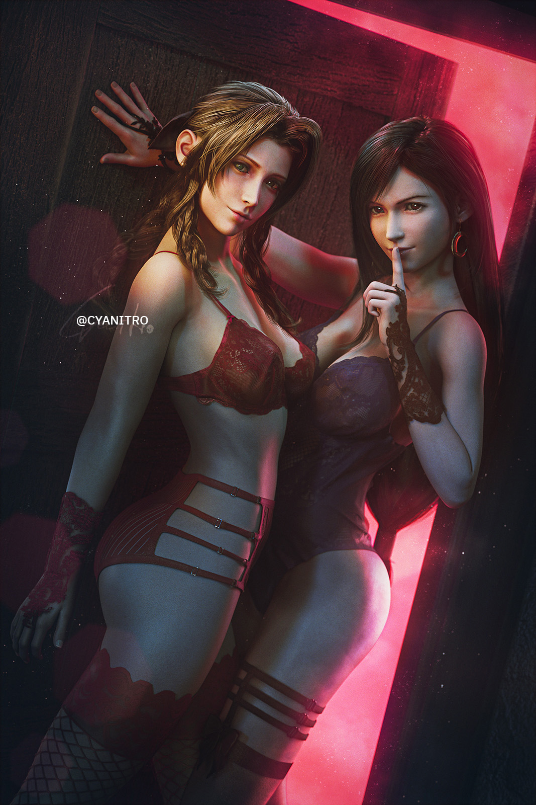 2girls, 3d, aerith gainsborough, ass, big ass, big breasts, big butt, black hair, bra, bracelet, breasts, breasts out, brown hair, cyanitro, earrings, eyes, female, female only, final fantasy, final fantasy vii, final fantasy vii remake, fishnet, fishnet stockings, fishnet thighhighs, fishnets, gloves, green eyes, hair, indoors, light skin, light-skinned female, lingerie, long hair, panties, red eyes, seductive, thigh highs, thighhighs, thighs, tifa lockhart