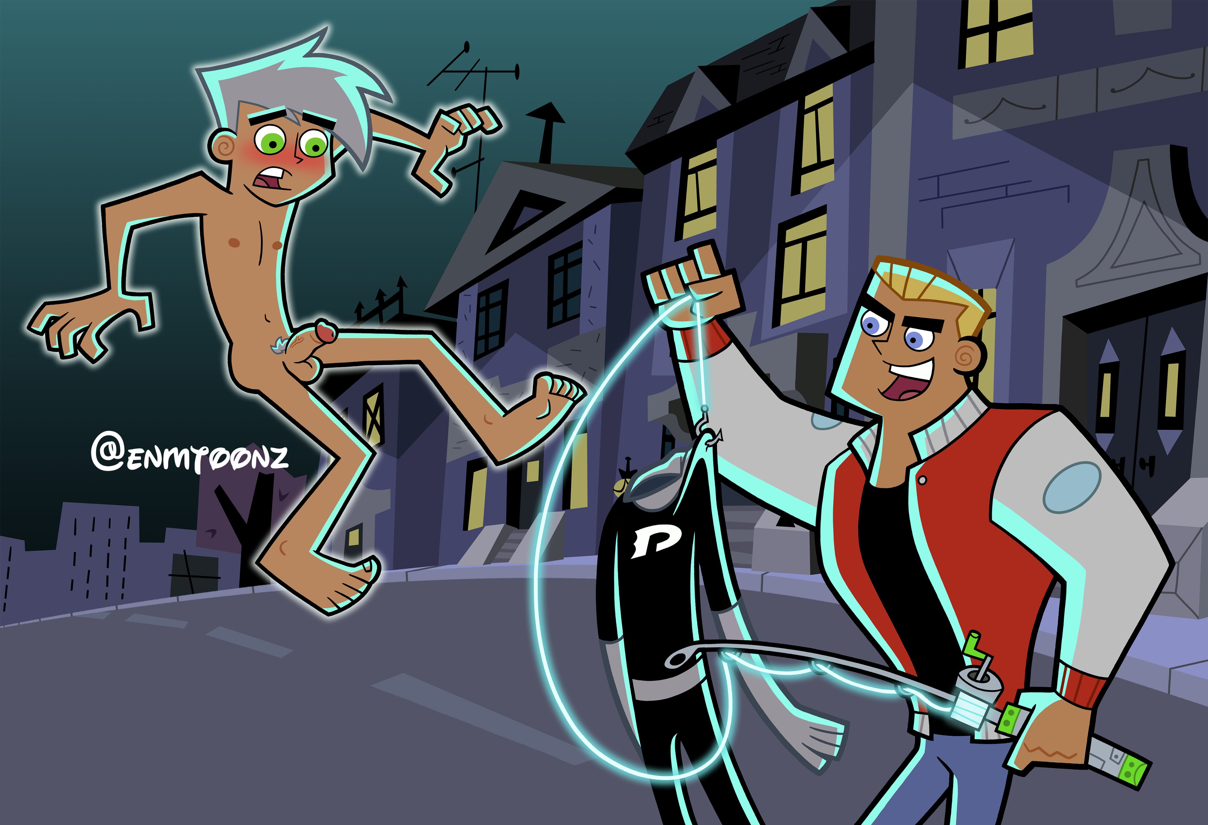 2boys, accurate art style, assisted exposure, balls, blonde hair, blue eyes, blush, circumcised, danny fenton, danny phantom, dash baxter, djunderground123, embarrassed nude male, fishing rod, gay, gay male, ghost, green eyes, male, male only, nipples, on model, penis, white hair, yaoi