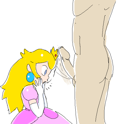 1boy 1girls alcnx ass blonde_hair blue_eyes butt clothed_female_nude_male clothing color crown dress earrings elbow_gloves faceless_male female fully_clothed human long_hair male mario_(series) nintendo nude open_mouth penis penis_awe princess_peach side_view standing straight straight_hair thighs