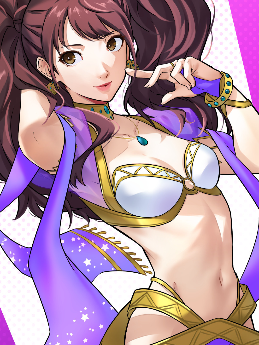 1girls, arabian armor (persona), arabian clothes, atlus, belly, belly button, breasts, brown eyes, brown hair, dancer outfit, dancing, earrings, fair skin, female, gold earrings, gold jewelry, gold trim, high-cut armor (persona), kujikawa rise, navel, necklace, official alternate costume, persona, persona 4, persona 4: dancing all night, skimpy, skimpy clothes, small breasts, twintails, wanderstillart