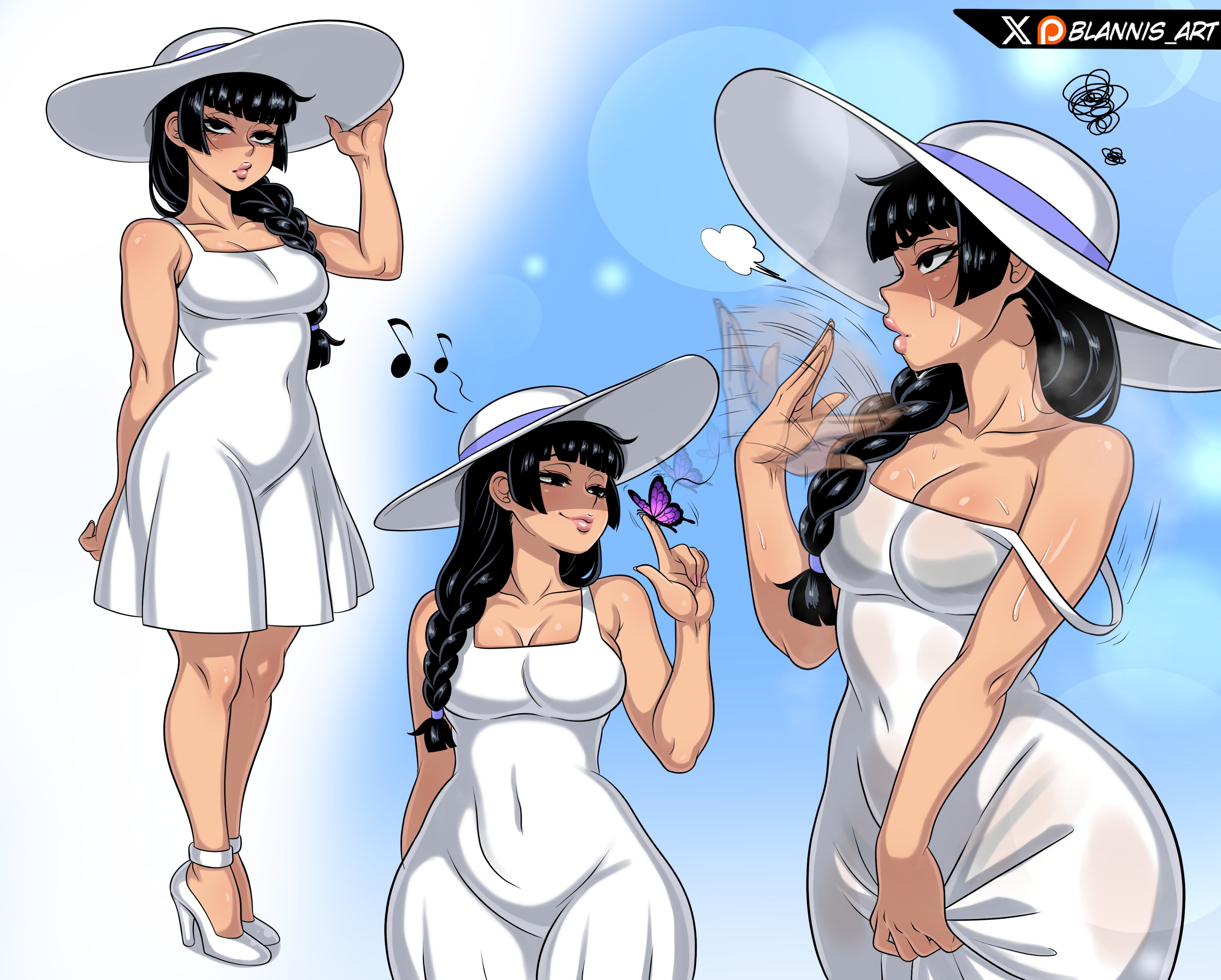 black eyes, black hair, blannis art, braid, braided hair, braided ponytail, clothed, clothed female, dress, female, female only, femvincible, genderswap, genderswap (mtf), invincible, invincible (superhero), mark grayson, ponytails, rule 63, sinister mark (invincible), solo, sun hat, sundress, sweat, sweatdrop, sweating, sweaty, sweaty body