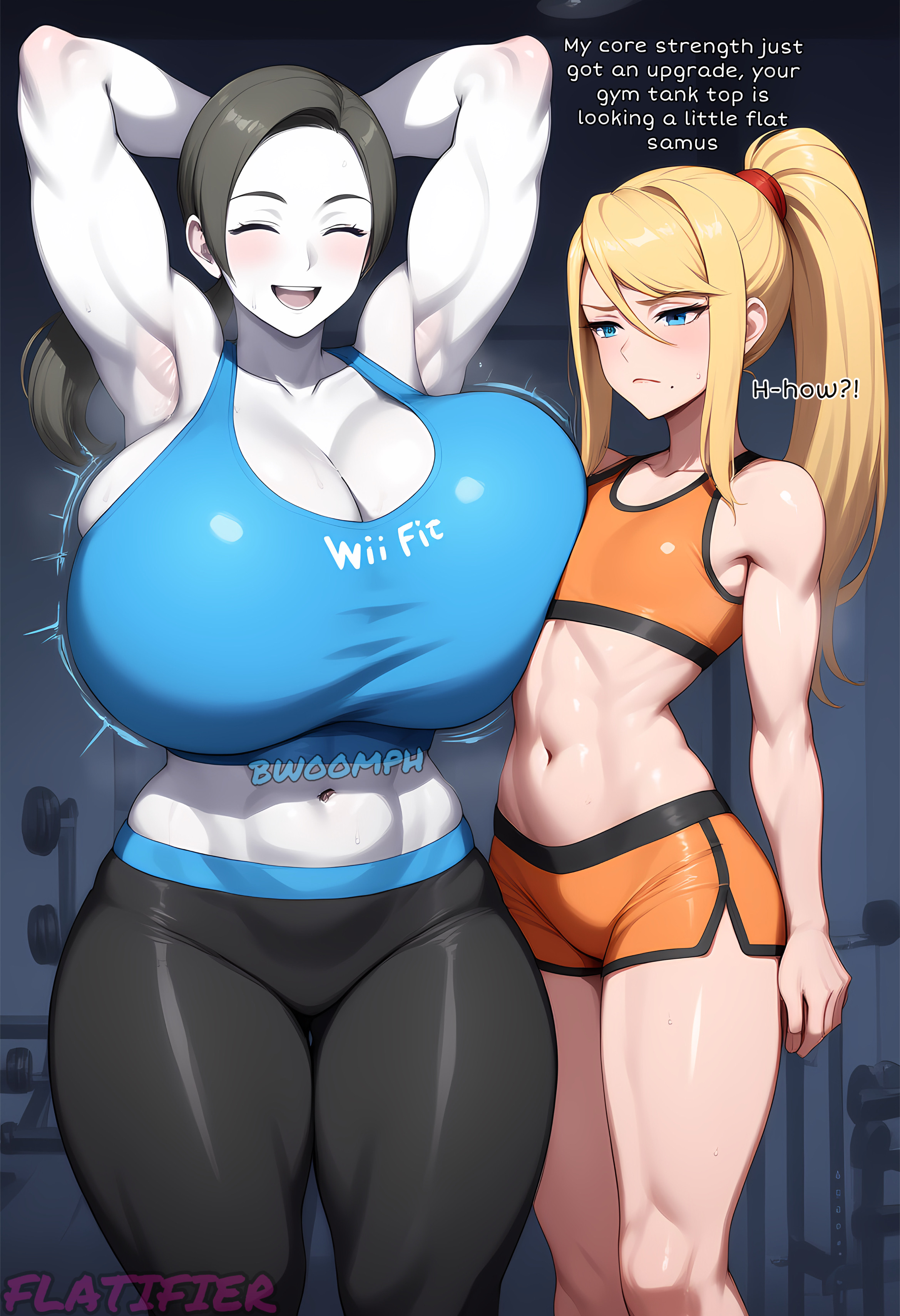 2girls, ai generated, alternate breast size, ass, attribute theft, breast expansion, breast growth, breast growth (enlargement), breast reduction, breasts, female, female only, flatifier, gigantic breasts, gym, gym uniform, huge ass, huge breasts, hyper breasts, metroid, multiple girls, samus aran, thick thighs, wide hips, wii fit, wii fit trainer, wii fit trainer (female)