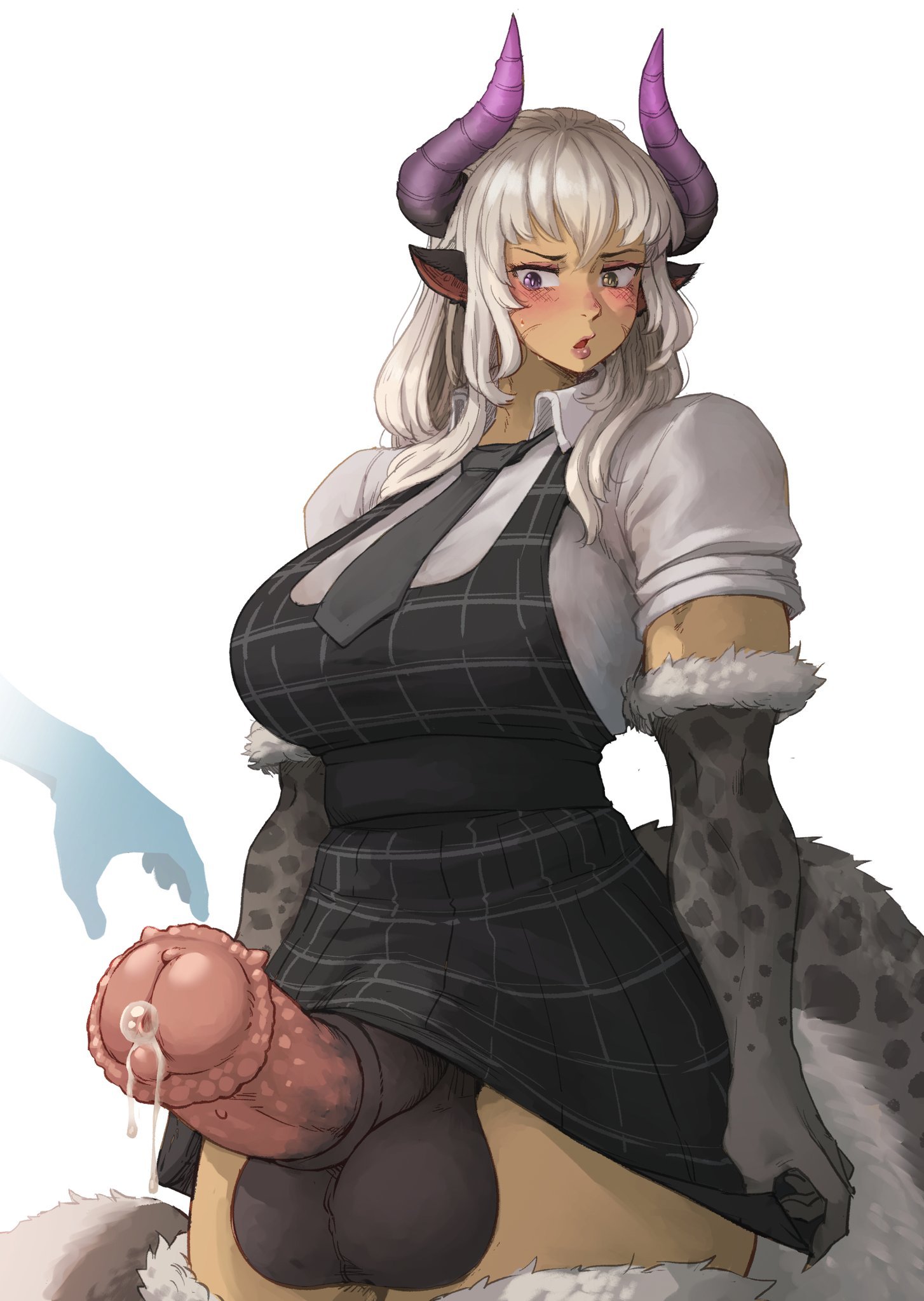 1futa, alternate version available, animal genitalia, animal genitalia on humanoid, astraea (lunar leopard), balls, bangs, big breasts, bottomless, breasts, clothed, clothing, disembodied hand, erection, erection under skirt, futa only, futanari, horns, huge breasts, huge cock, humanoid, intersex, light skin, light-skinned futa, long hair, mistimagi, mostly clothed, oc, penis, skirt, solo, solo futa, standing